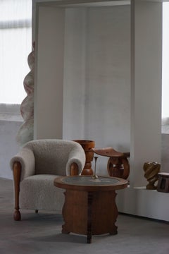 Round Hand-Carved Side Table in Oak with Mosaic Tile Top, Danish Modern, 1950s
