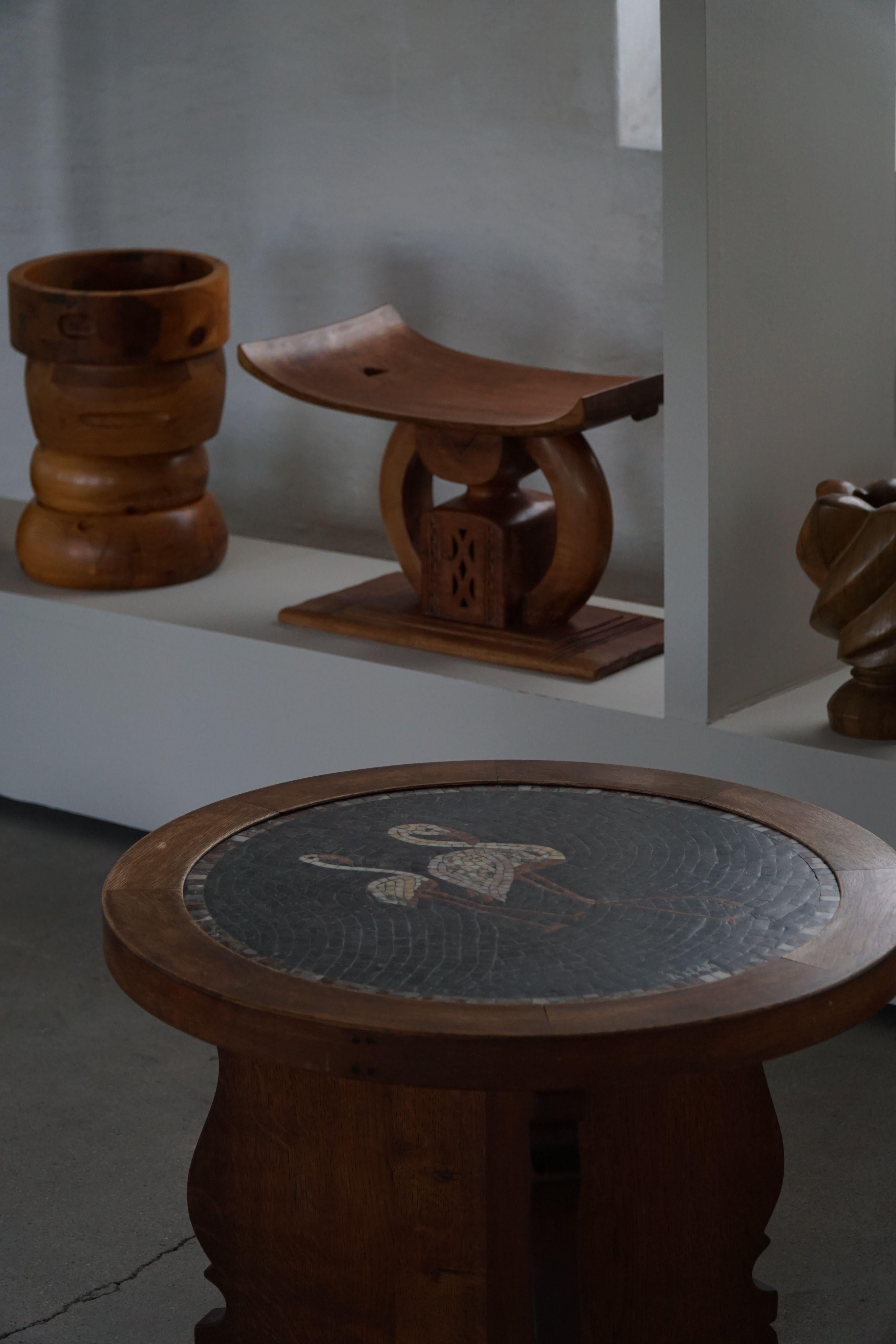 Round Hand-Carved Side Table in Oak with Mosaic Tile Top, Danish Modern, 1950s In Good Condition For Sale In Odense, DK