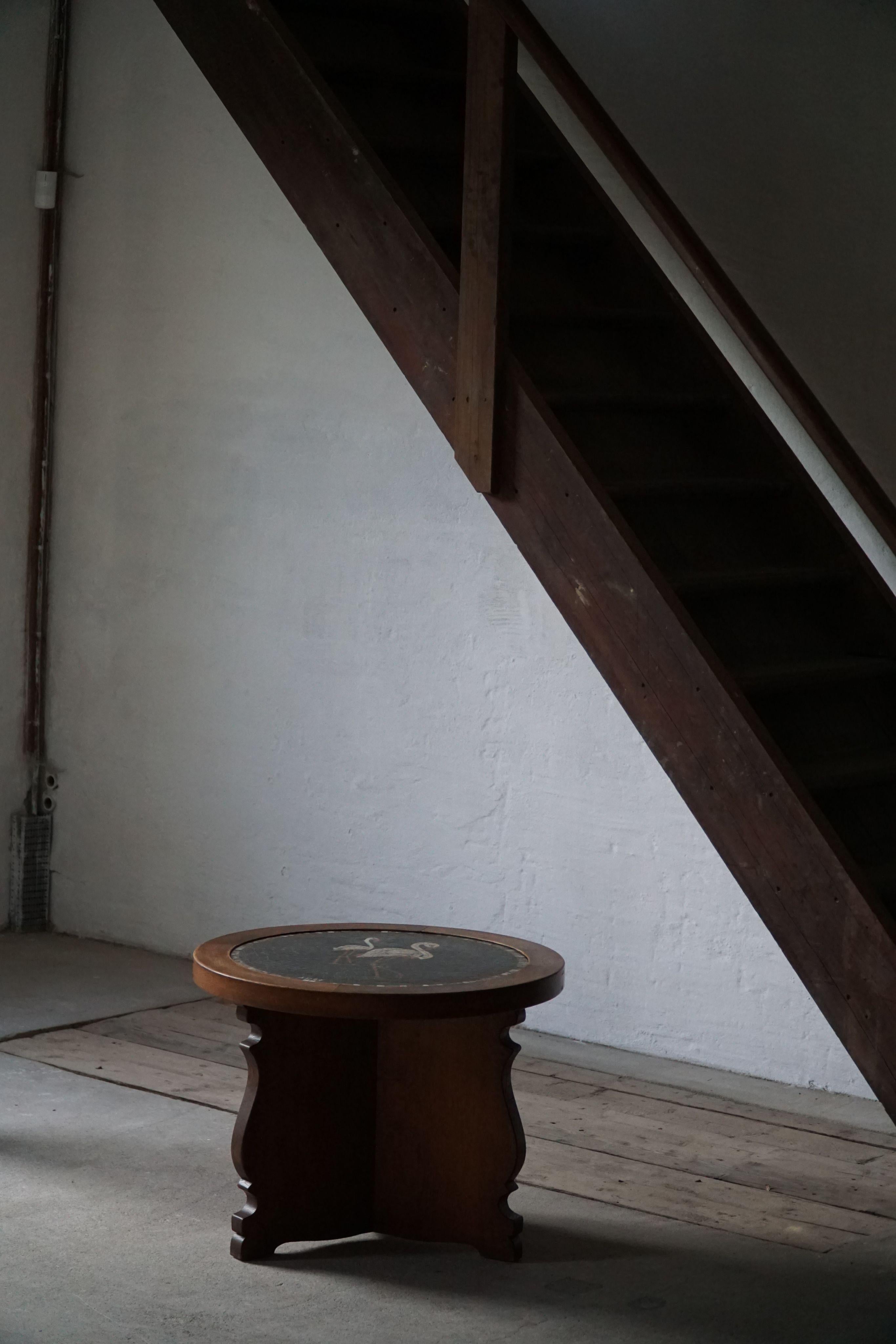 20th Century Round Hand-Carved Side Table in Oak with Mosaic Tile Top, Danish Modern, 1950s For Sale
