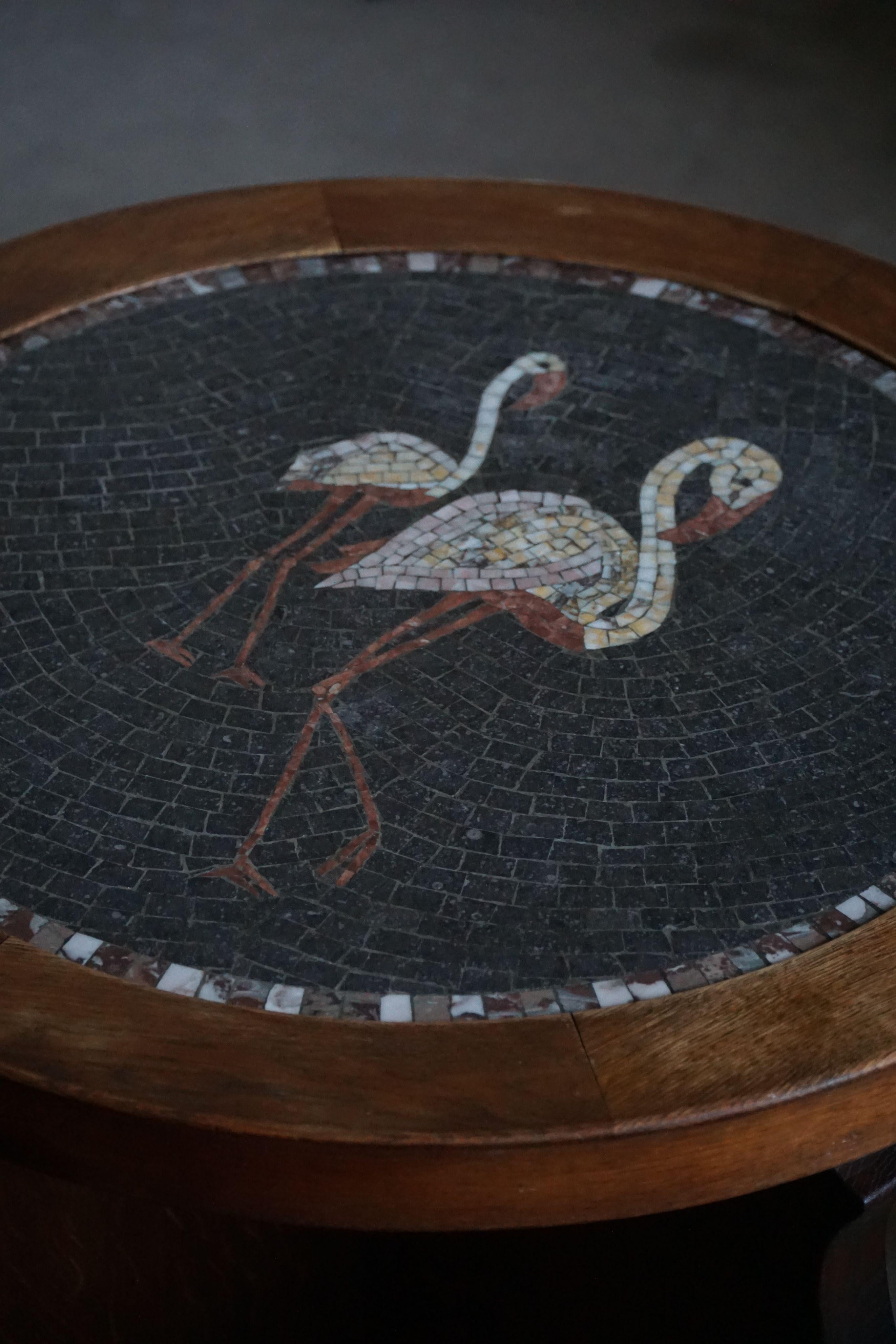 Round Hand-Carved Side Table in Oak with Mosaic Tile Top, Danish Modern, 1950s For Sale 1