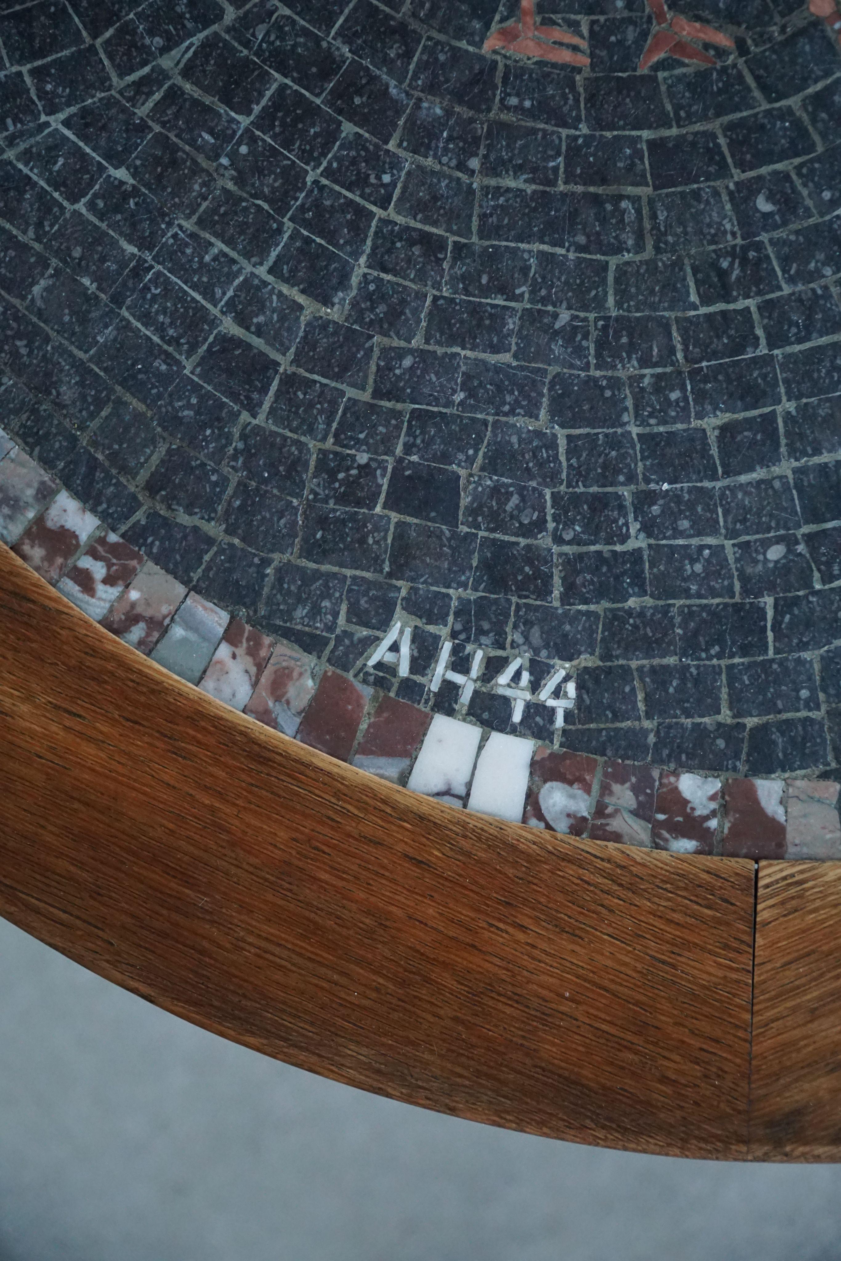 Round Hand-Carved Side Table in Oak with Mosaic Tile Top, Danish Modern, 1950s For Sale 2