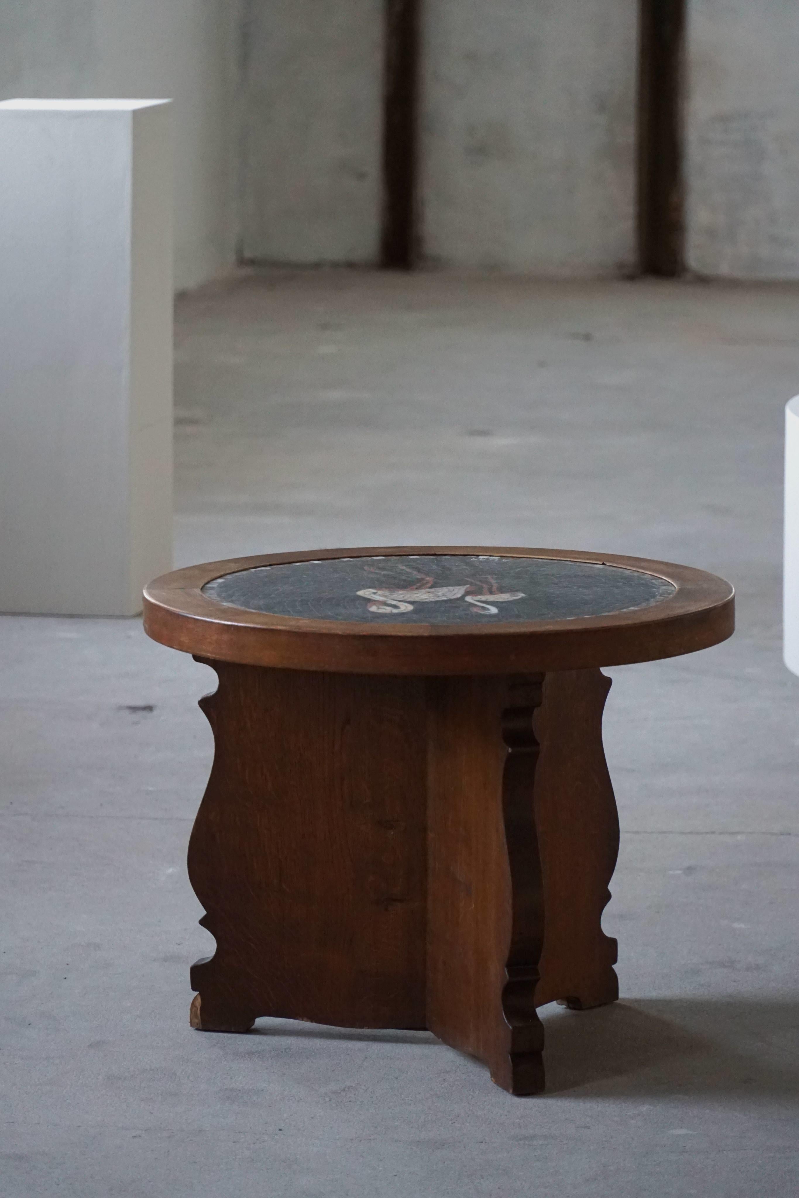 Round Hand-Carved Side Table in Oak with Mosaic Tile Top, Danish Modern, 1950s For Sale 3