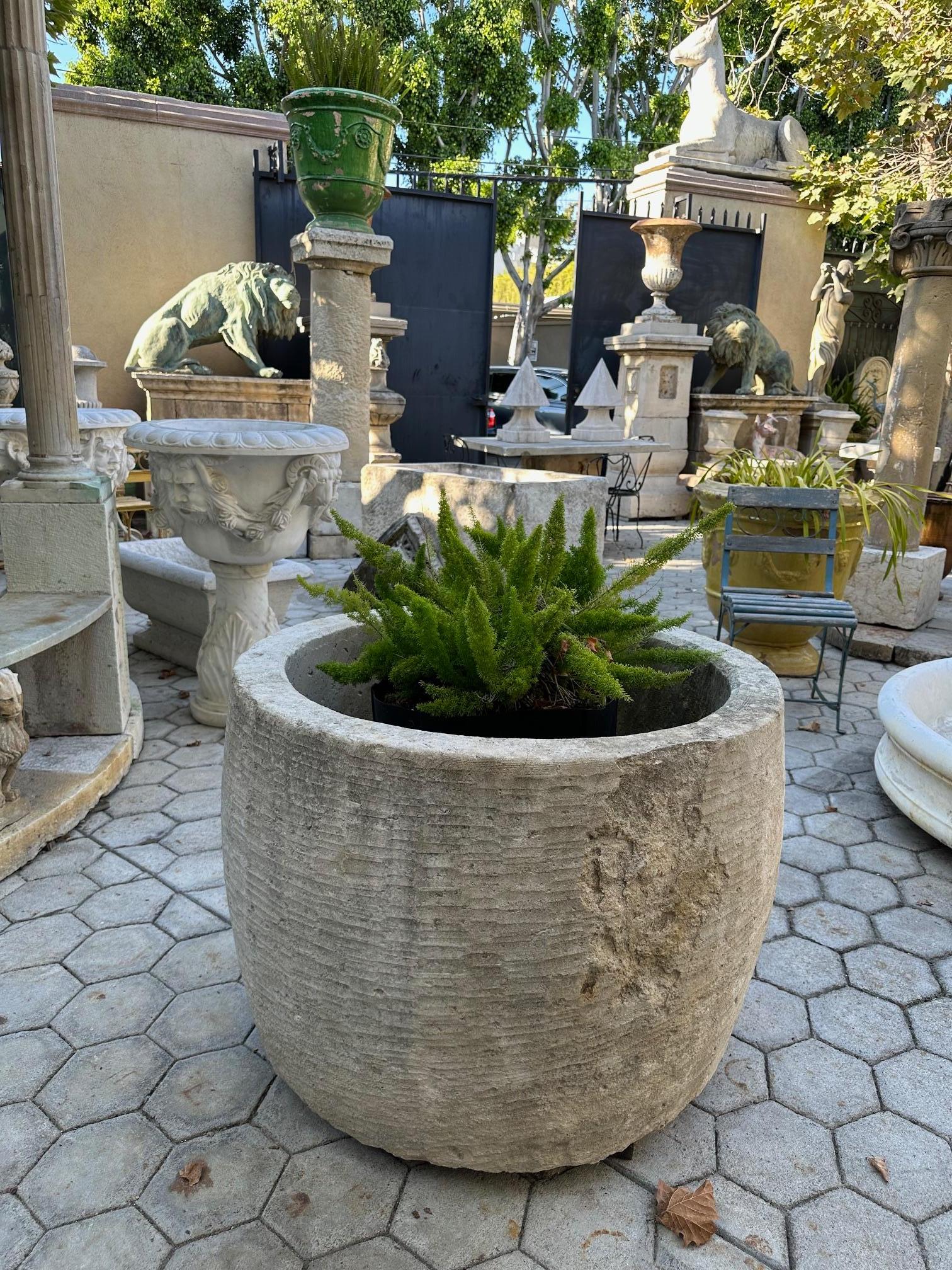 Stone Round Hand Carved Water Fountain Basin Container Trough Planter Vessel Antiques For Sale
