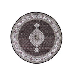 Round Hand Knotted Wool and Silk Black Tabriz Mahi Oriental Rug