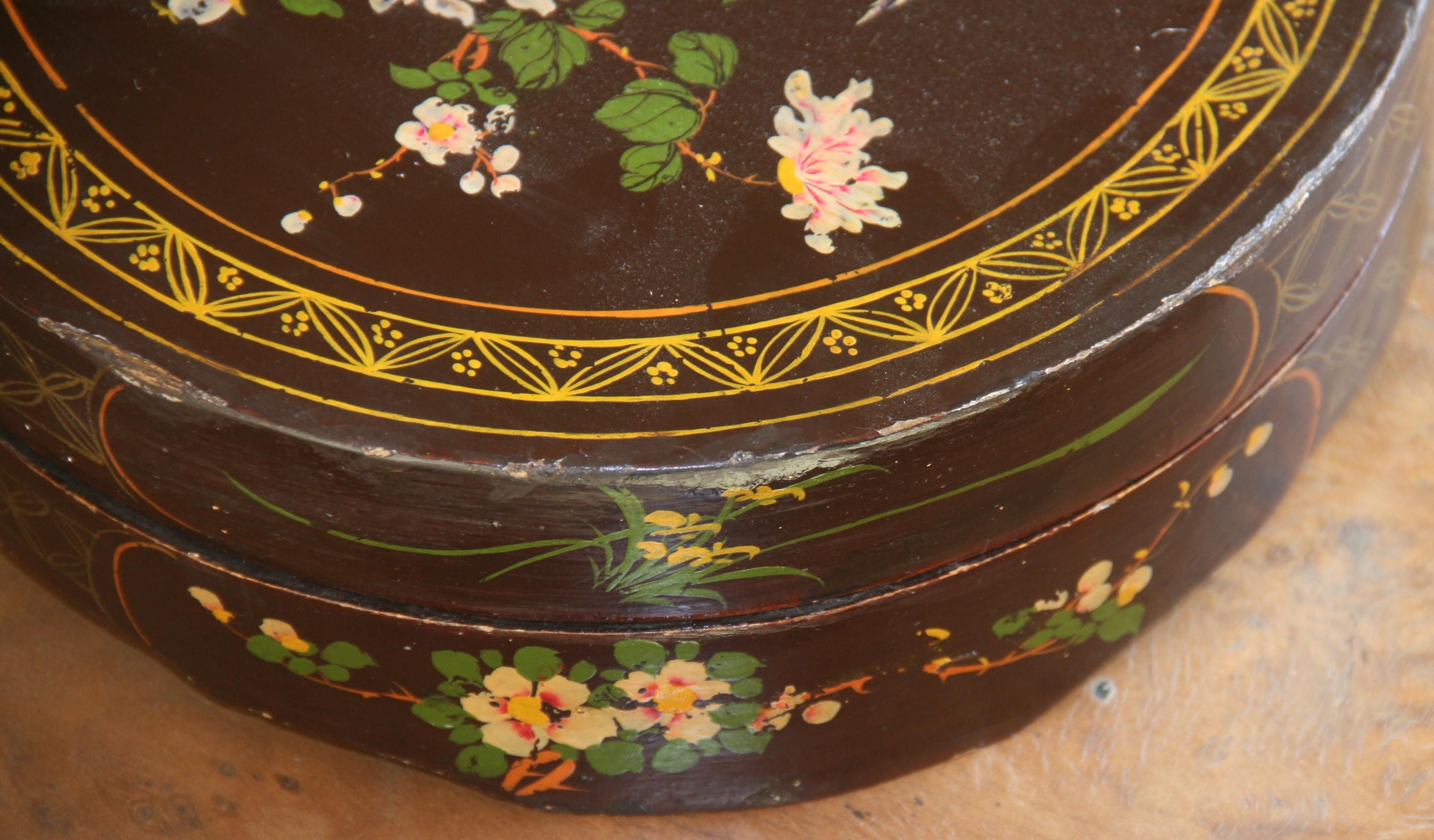 Fruitwood Round Hand Painted Compartment Jewelry Box 1930's For Sale