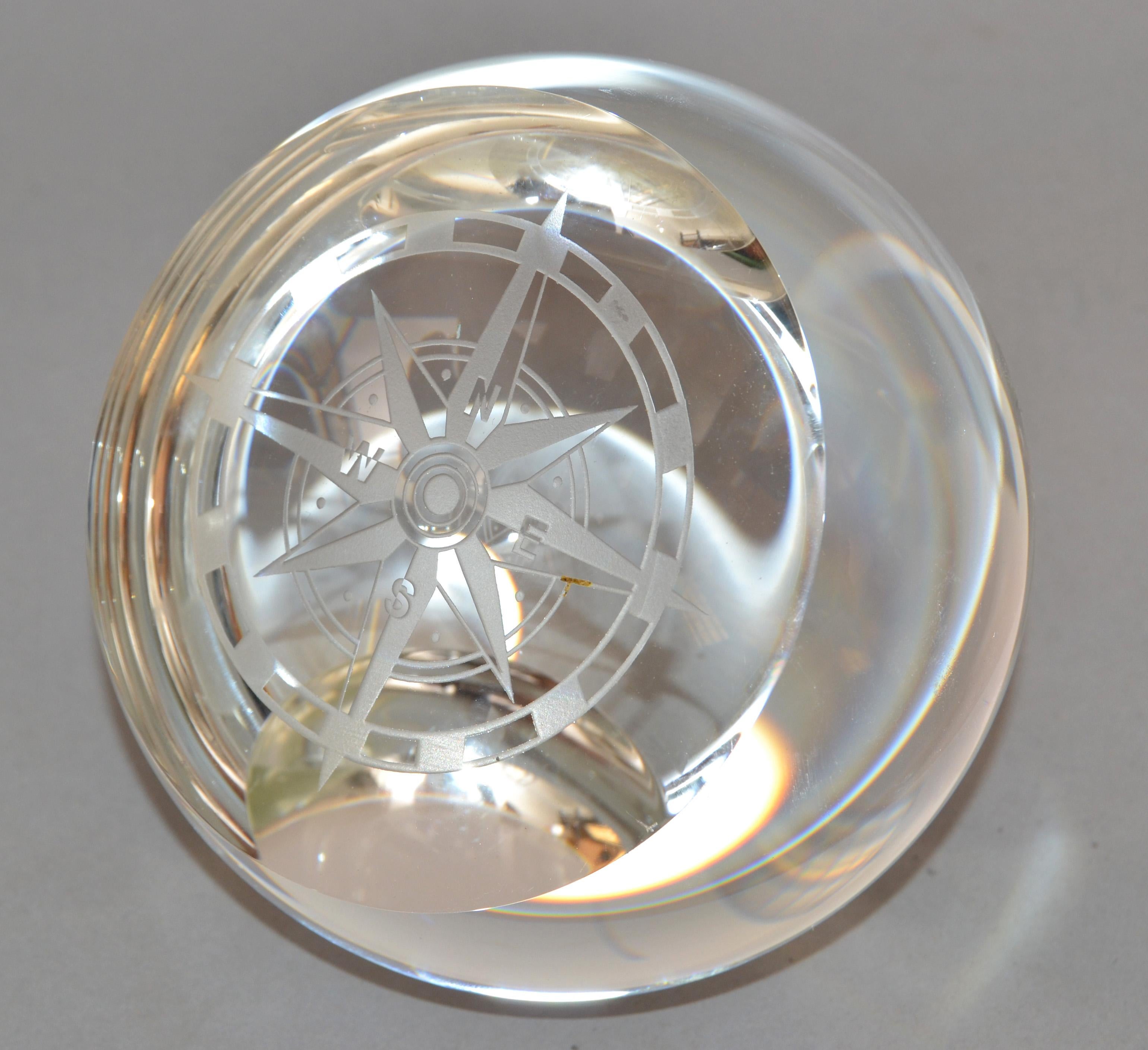 Italian Round Heavy Murano Clear Glass Etched Compass Paperweight Magnifying Glass 1970 