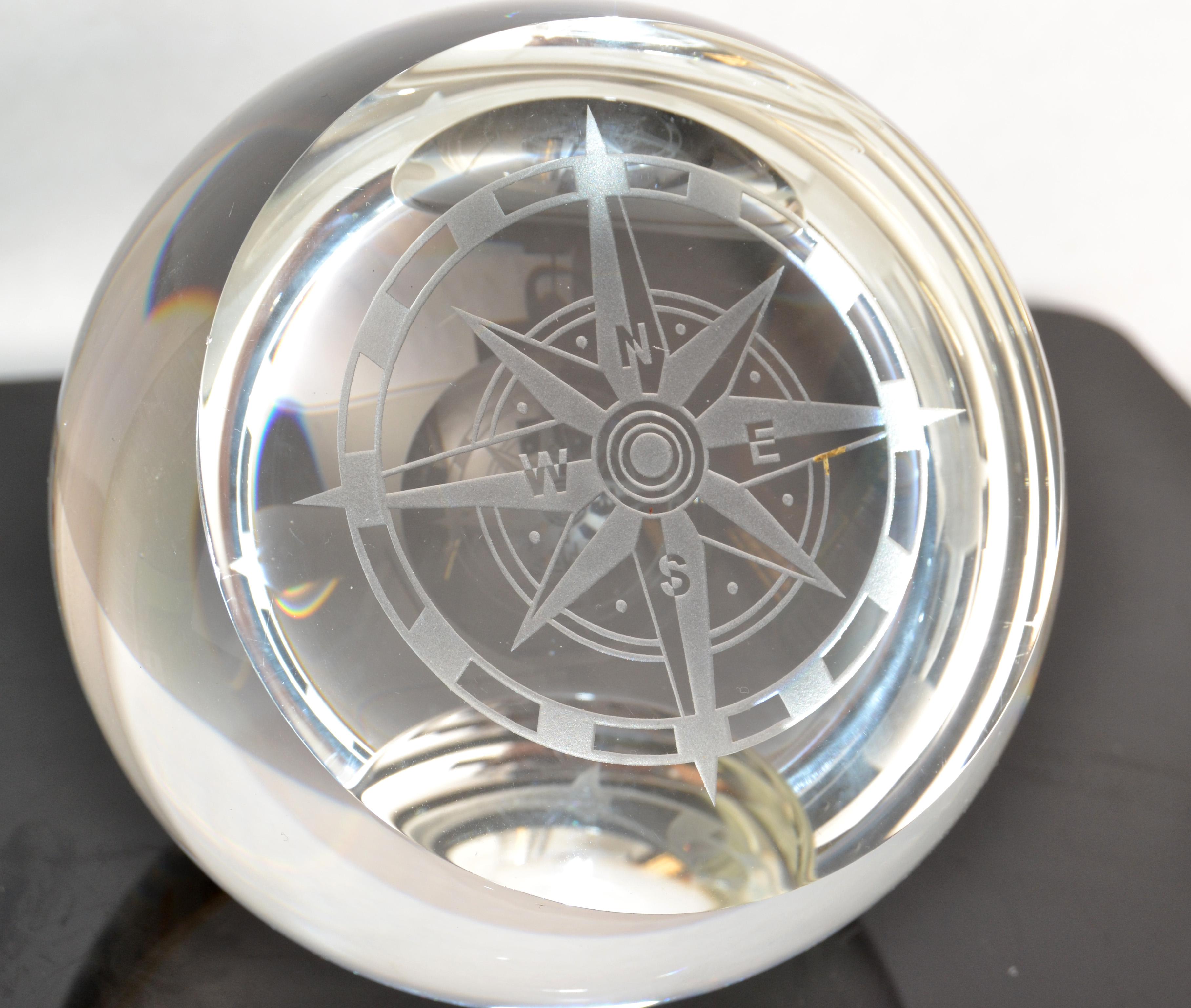 Murano Glass Round Heavy Murano Clear Glass Etched Compass Paperweight Magnifying Glass 1970 