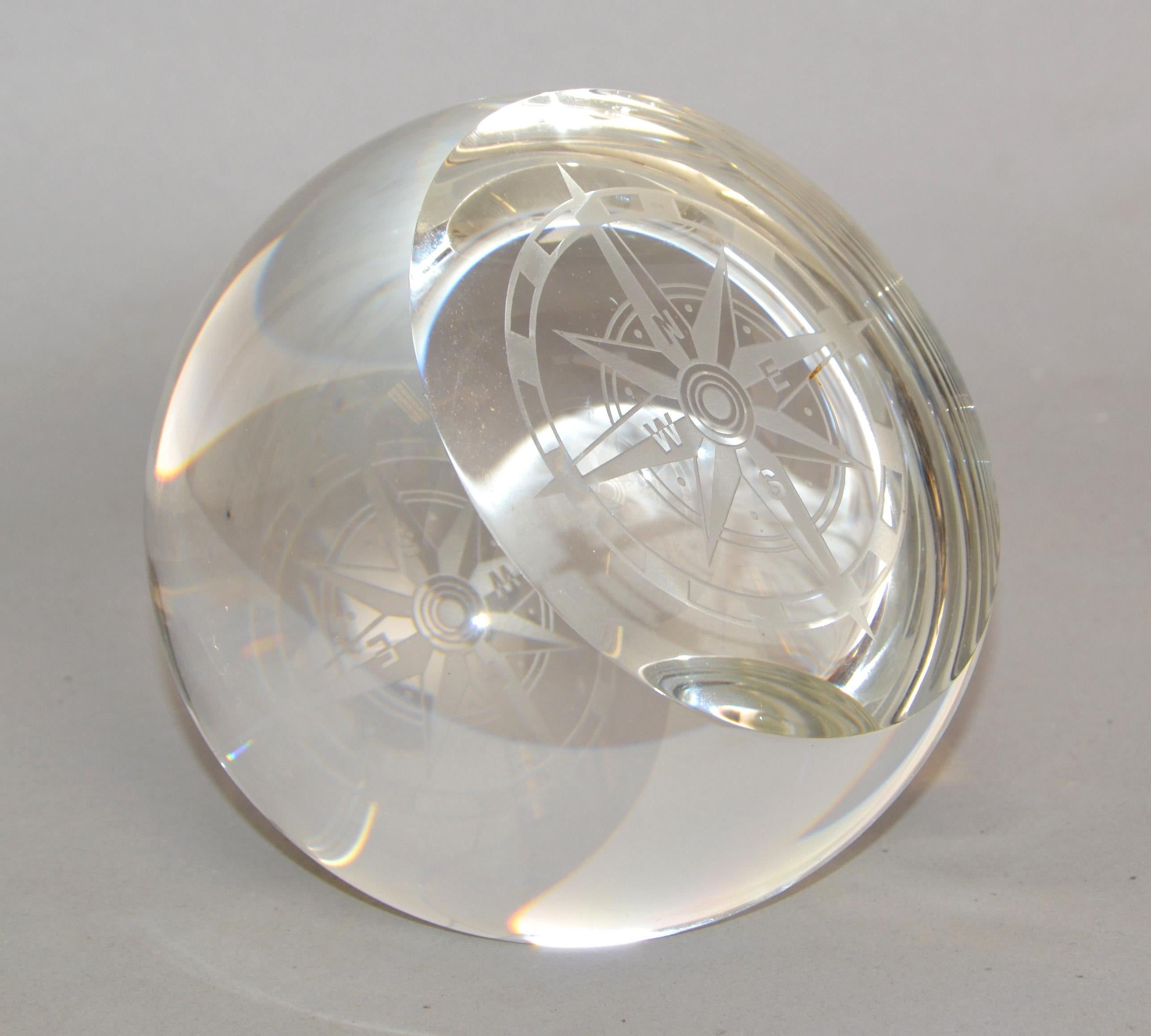 Round Heavy Murano Clear Glass Etched Compass Paperweight Magnifying Glass 1970  2