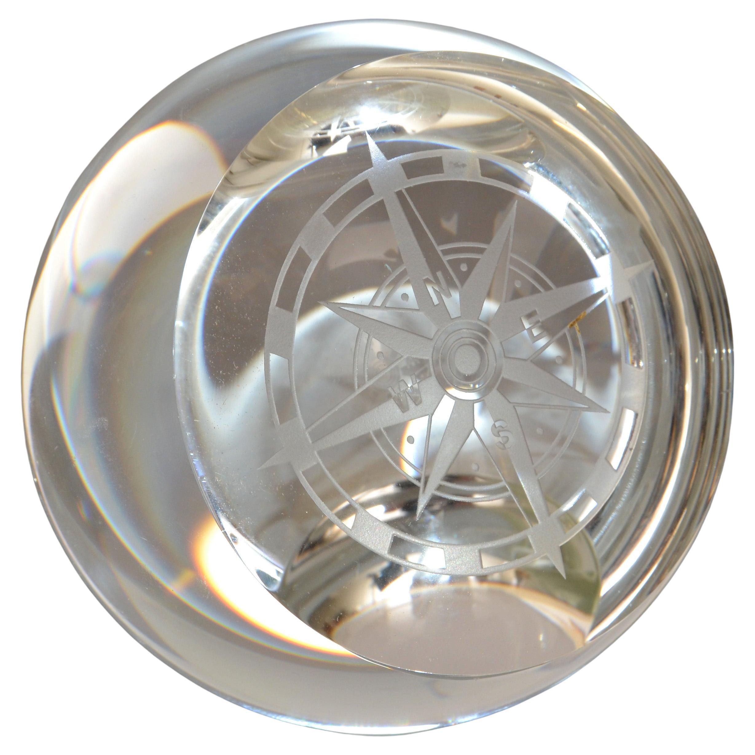 Round Heavy Murano Clear Glass Etched Compass Paperweight Magnifying Glass 1970 