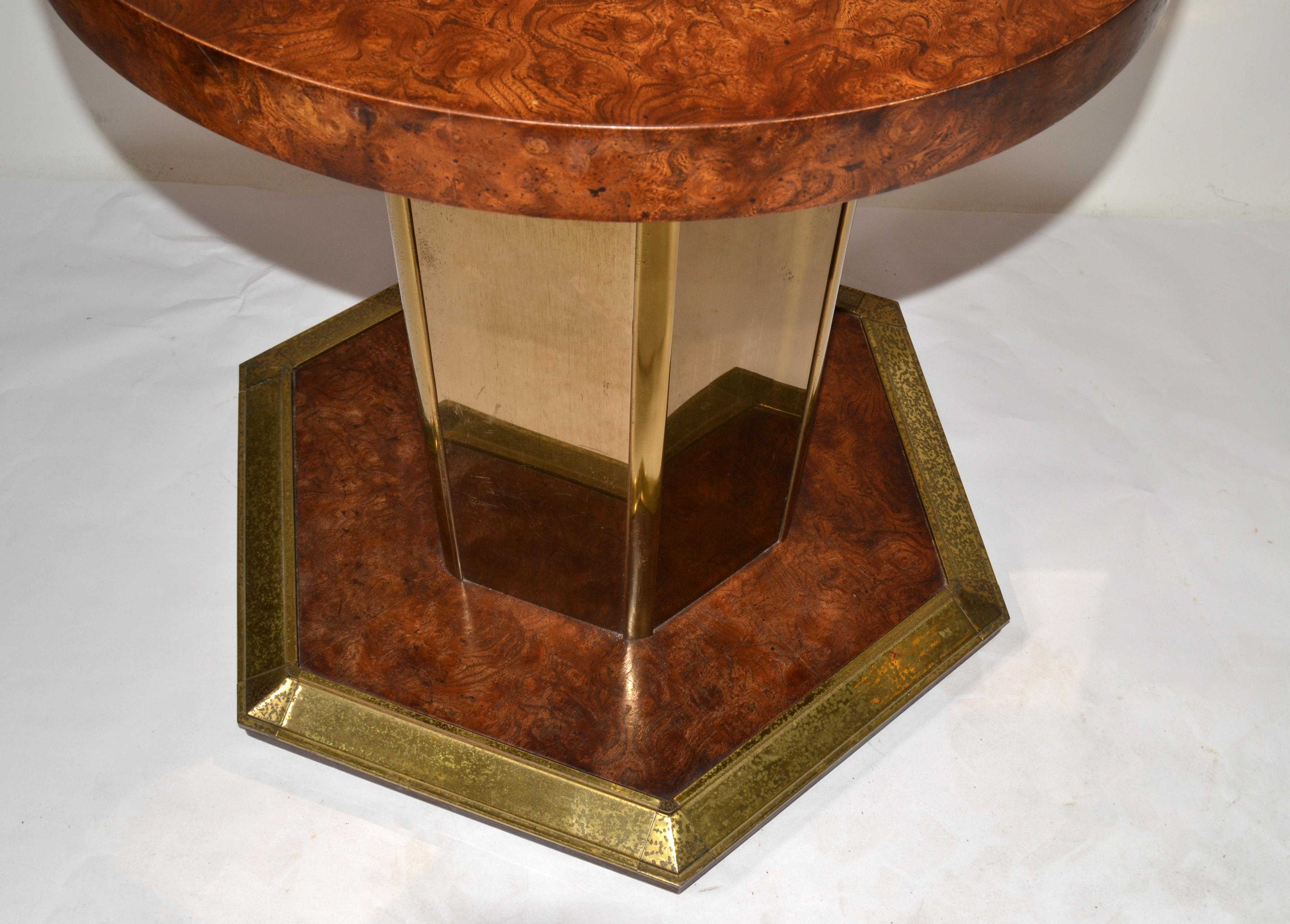 Round Henredon Brass Mirrored Glass & Burl Wood Pedestal Dining / Center Table For Sale 3