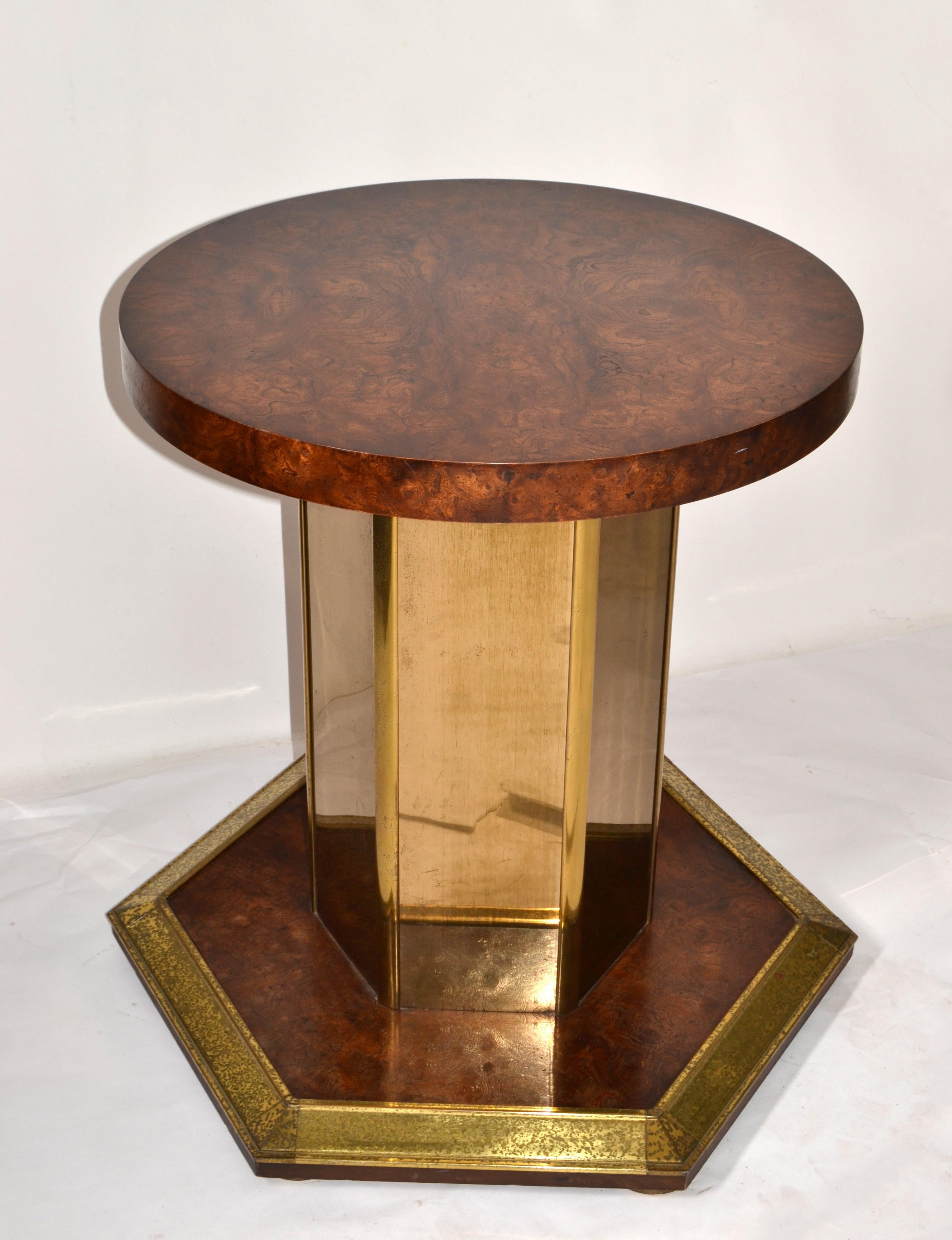 Round Henredon Brass Mirrored Glass & Burl Wood Pedestal Dining / Center Table For Sale 6