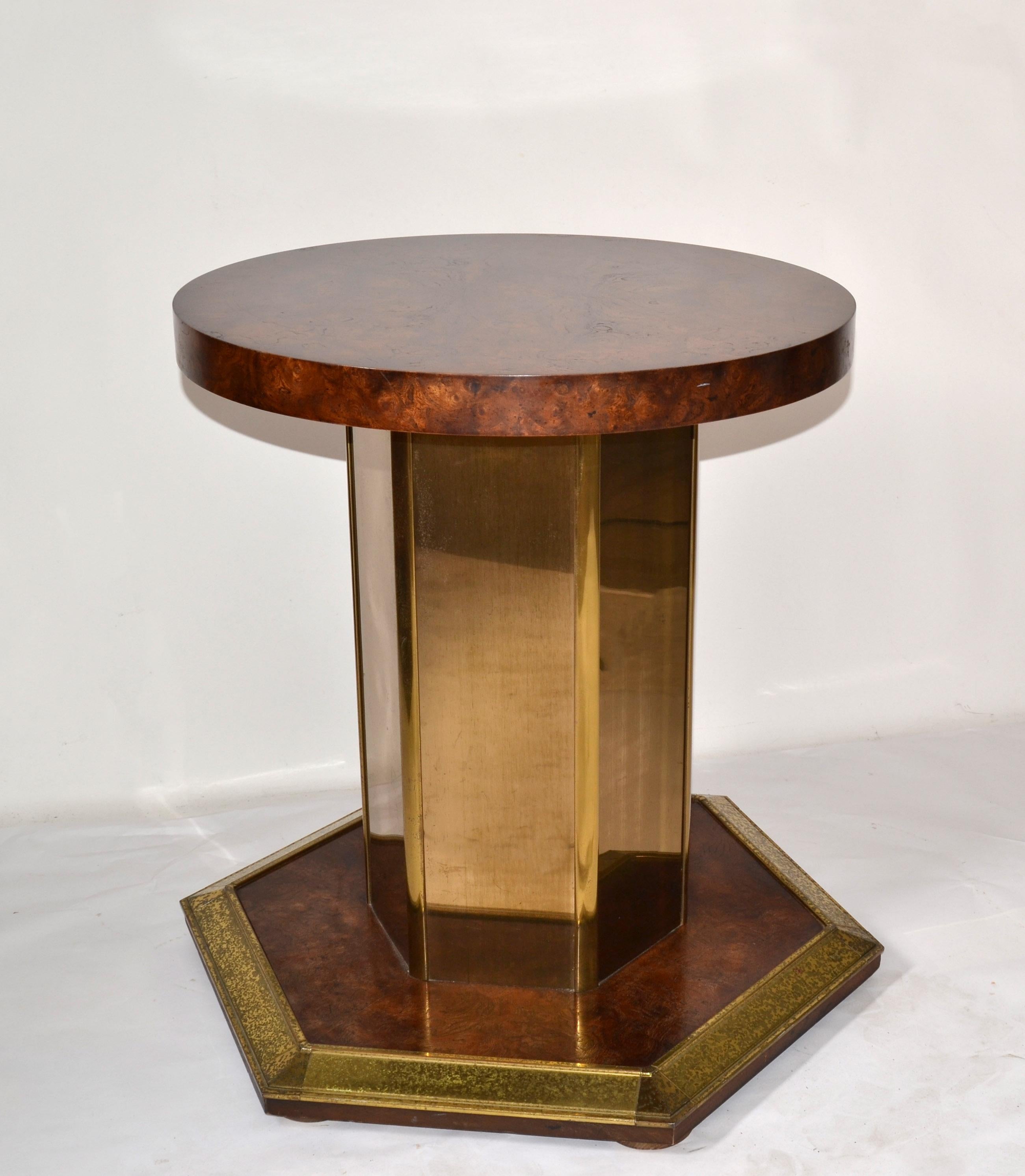 Mid-Century Modern Round Henredon Brass Mirrored Glass & Burl Wood Pedestal Dining / Center Table For Sale