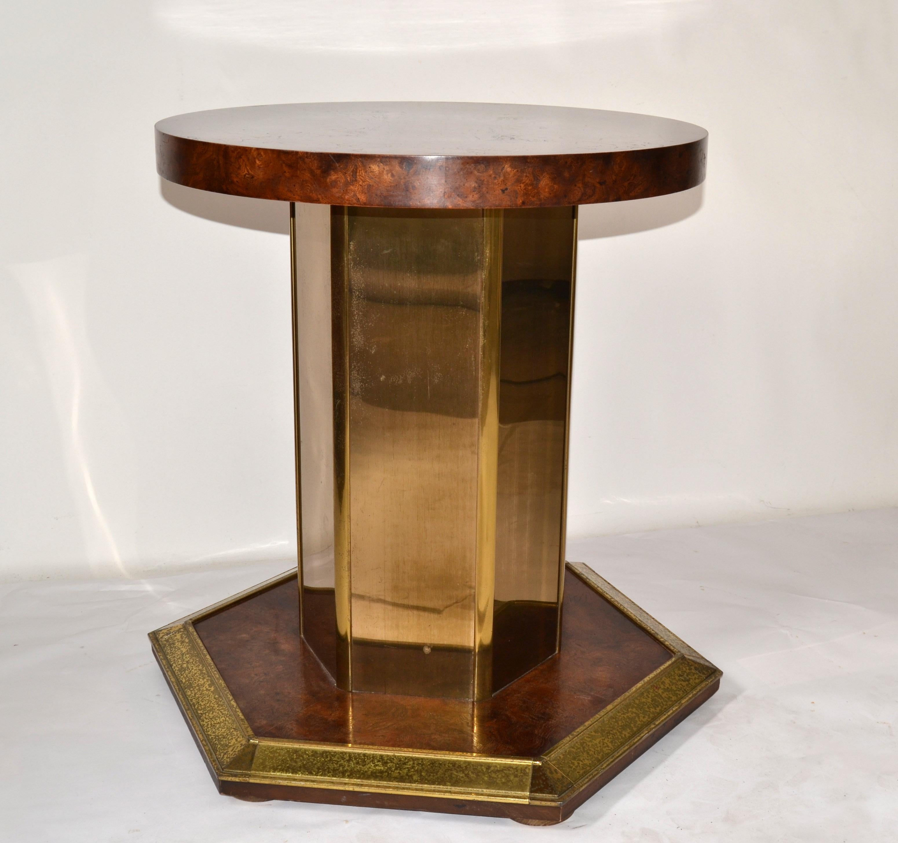 American Round Henredon Brass Mirrored Glass & Burl Wood Pedestal Dining / Center Table For Sale