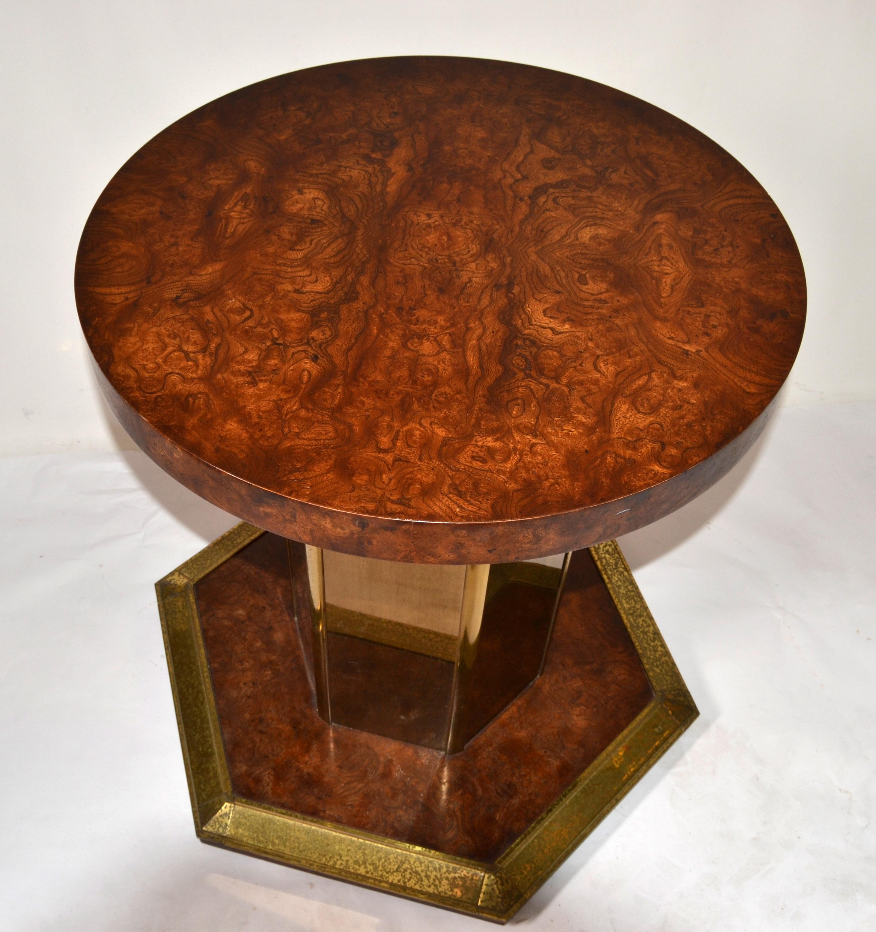 Hand-Crafted Round Henredon Brass Mirrored Glass & Burl Wood Pedestal Dining / Center Table For Sale