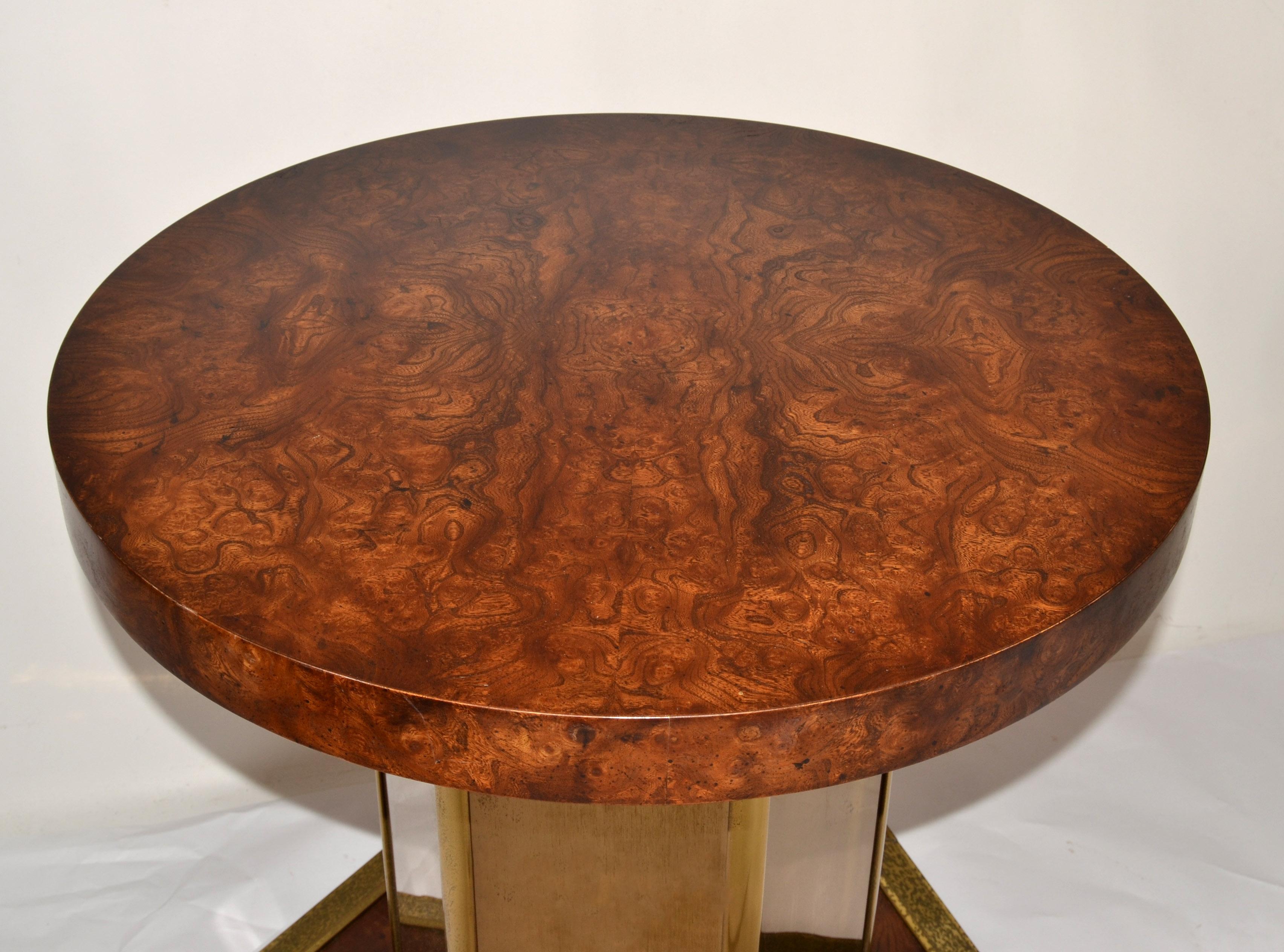 Round Henredon Brass Mirrored Glass & Burl Wood Pedestal Dining / Center Table In Good Condition For Sale In Miami, FL