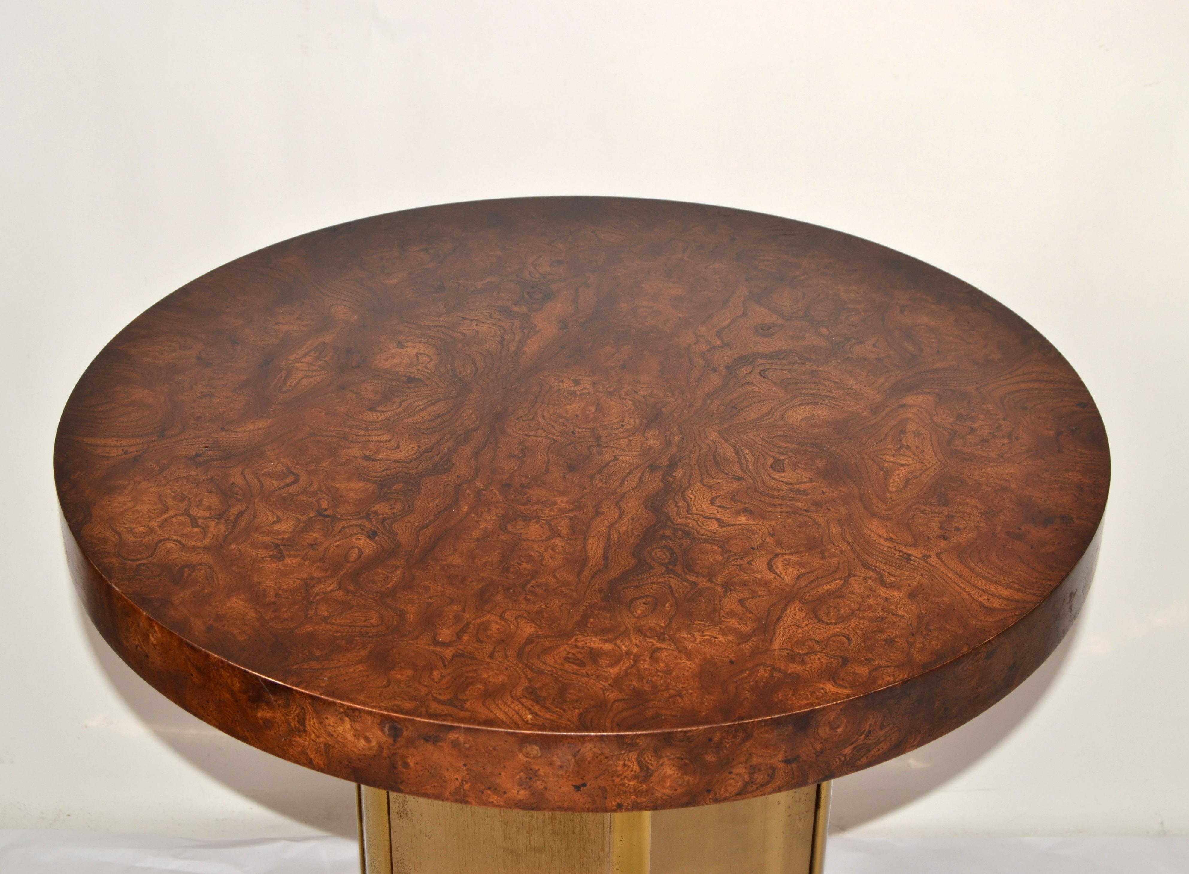20th Century Round Henredon Brass Mirrored Glass & Burl Wood Pedestal Dining / Center Table For Sale