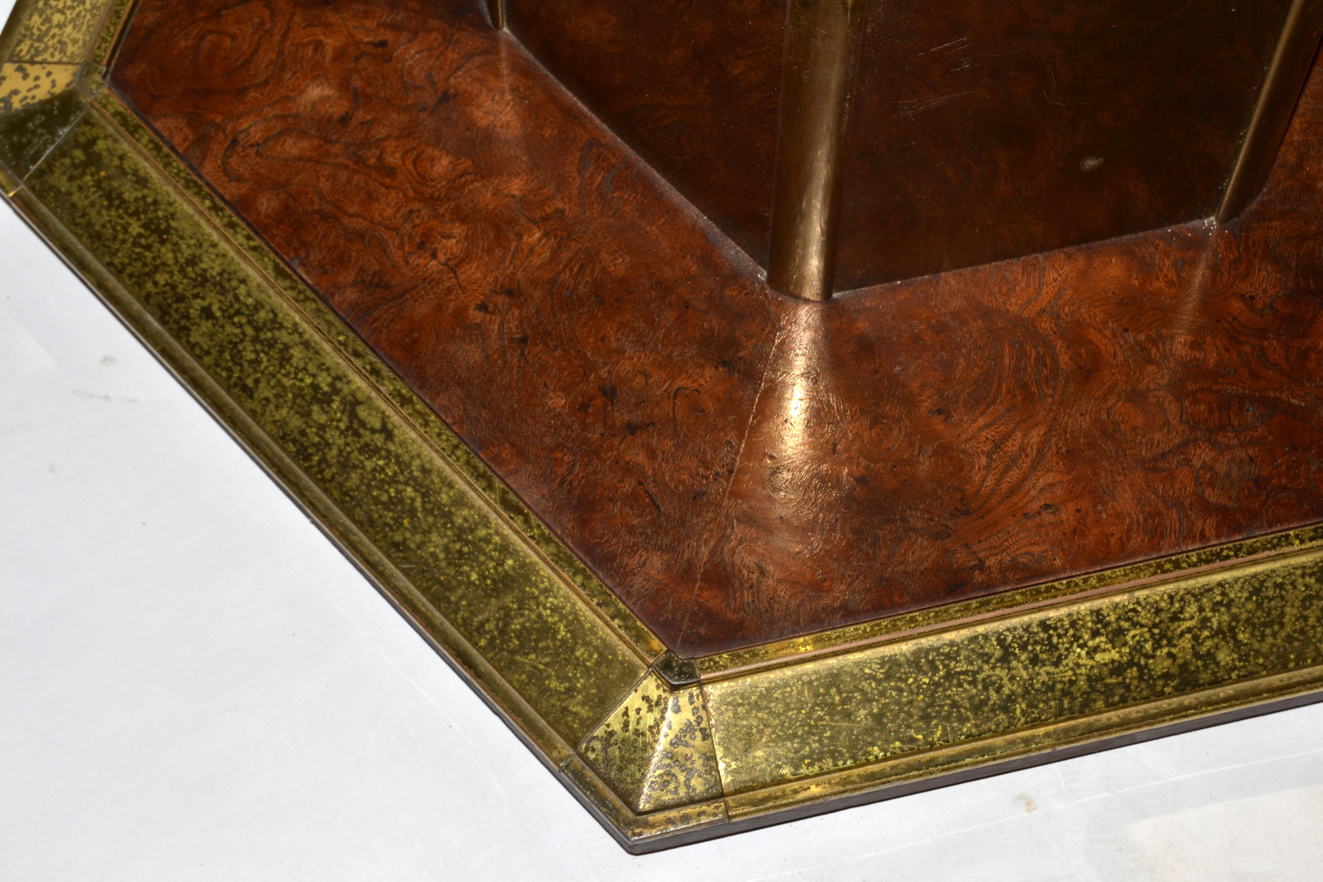 Round Henredon Brass Mirrored Glass & Burl Wood Pedestal Dining / Center Table For Sale 2