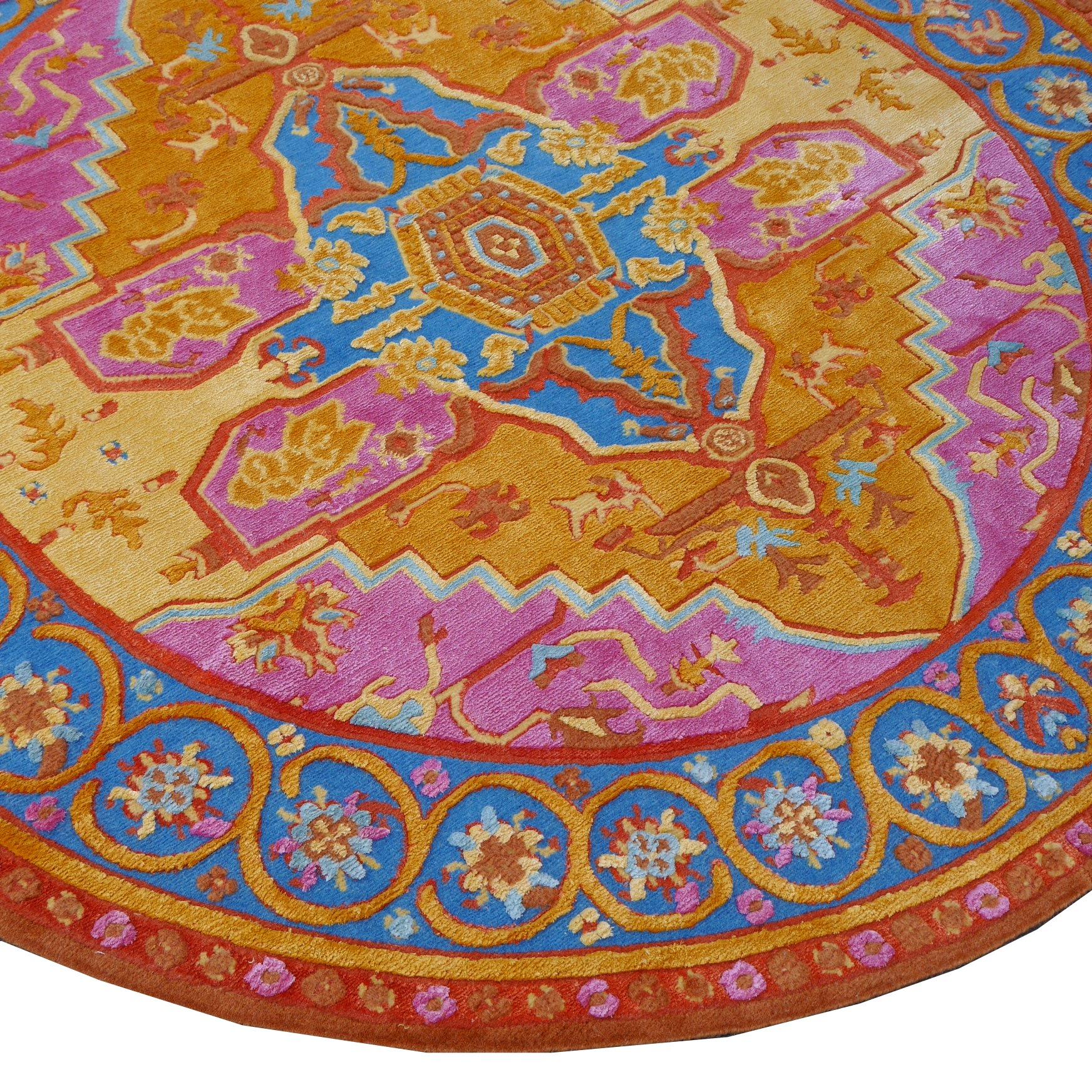 Modern Round Heriz Silk Rug Contemporary Colors Gold Pink Turquoise by Djoharian Design For Sale