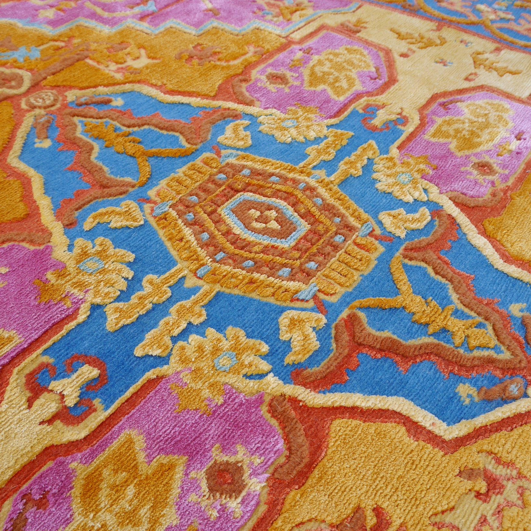 Wool Round Heriz Silk Rug Contemporary Colors Gold Pink Turquoise by Djoharian Design For Sale