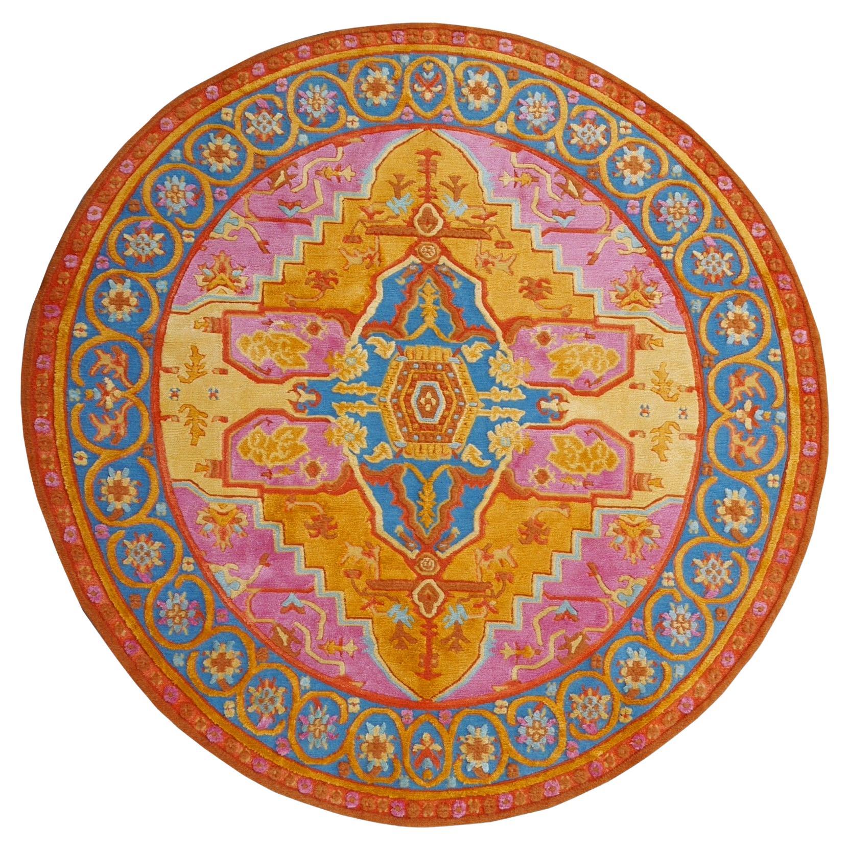 Round Heriz Silk Rug Contemporary Colors Gold Pink Turquoise by Djoharian Design