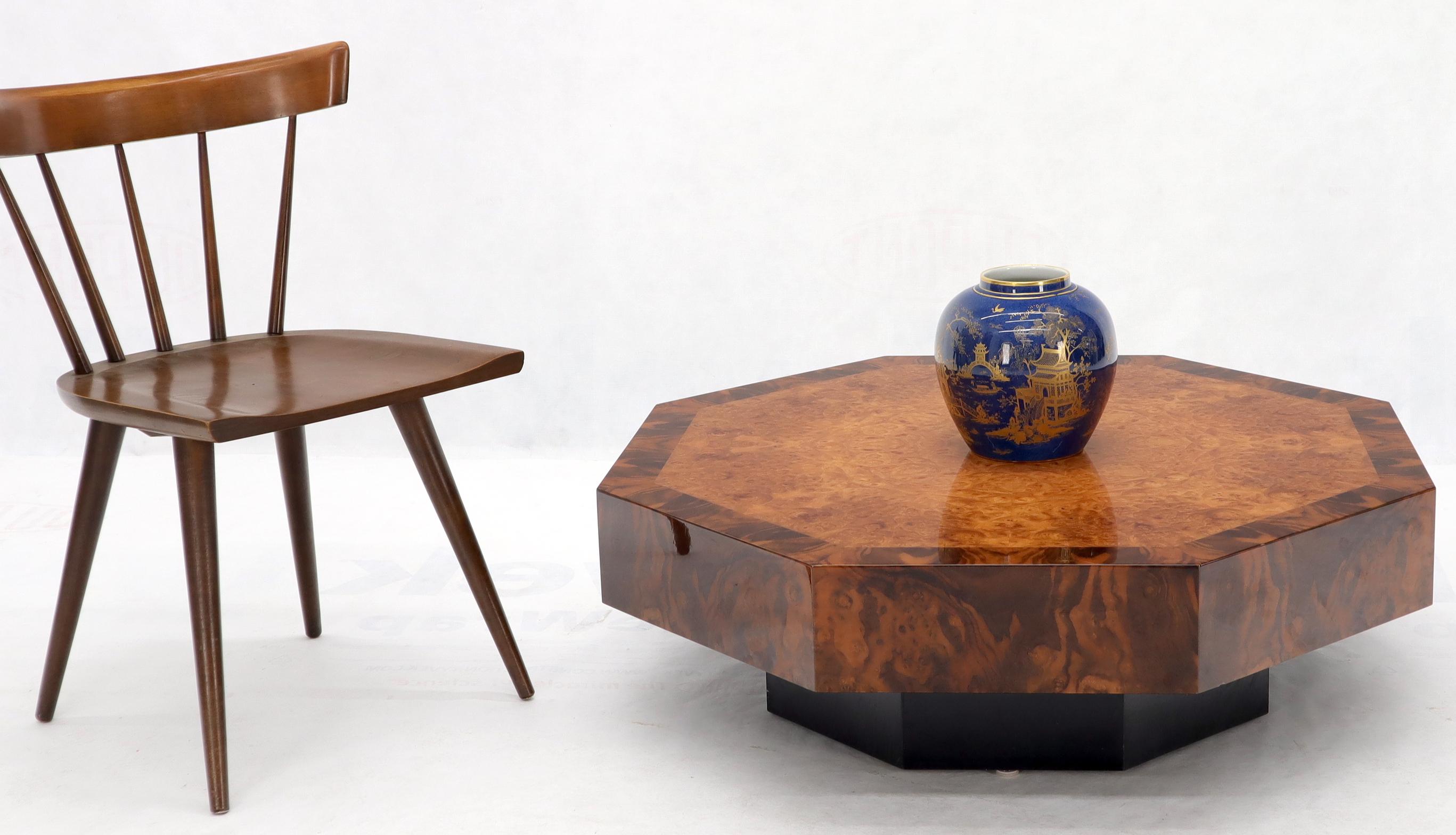 Mid-Century Modern flame burl wood top hexagon shape coffee table. Strong glossy finish Milo Baughman decor match.