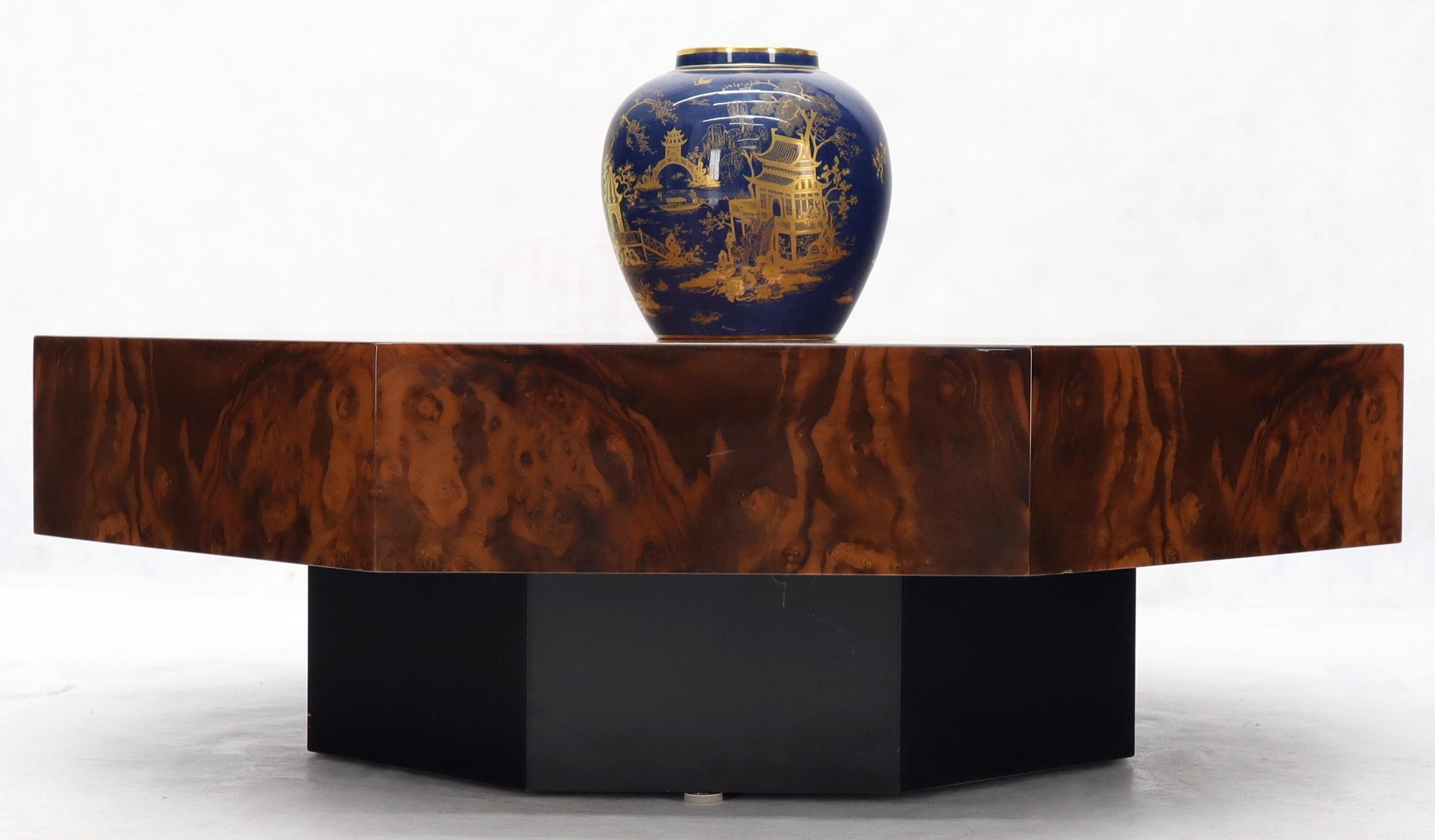 Lacquered Round Hexagon Burl Wood Book Matched Top Coffee Table