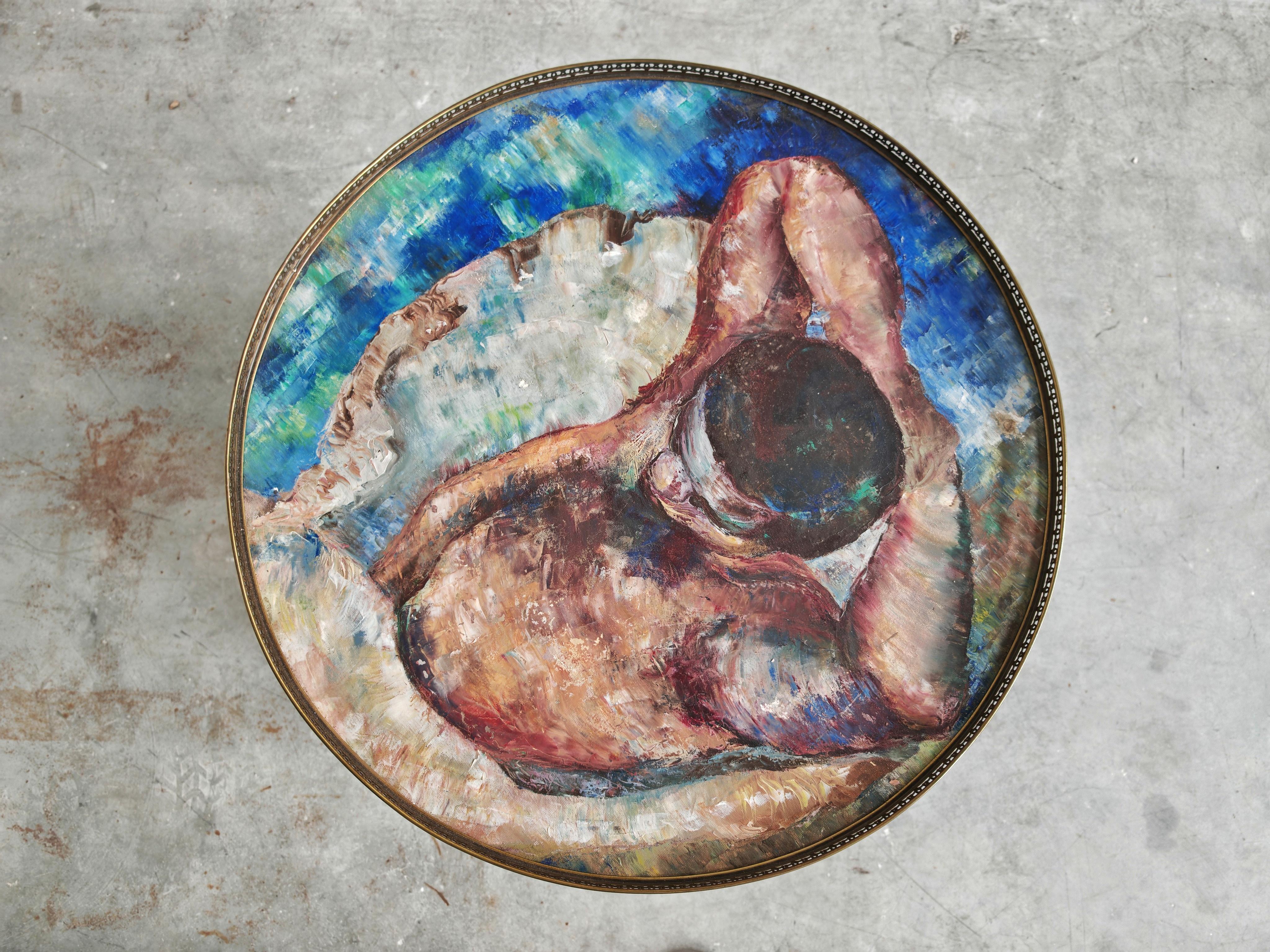 Chariot de bar rond en laiton Hollywood Regency avec une peinture à l'huile sur le dessus, Italie, années 1960 en vente 5