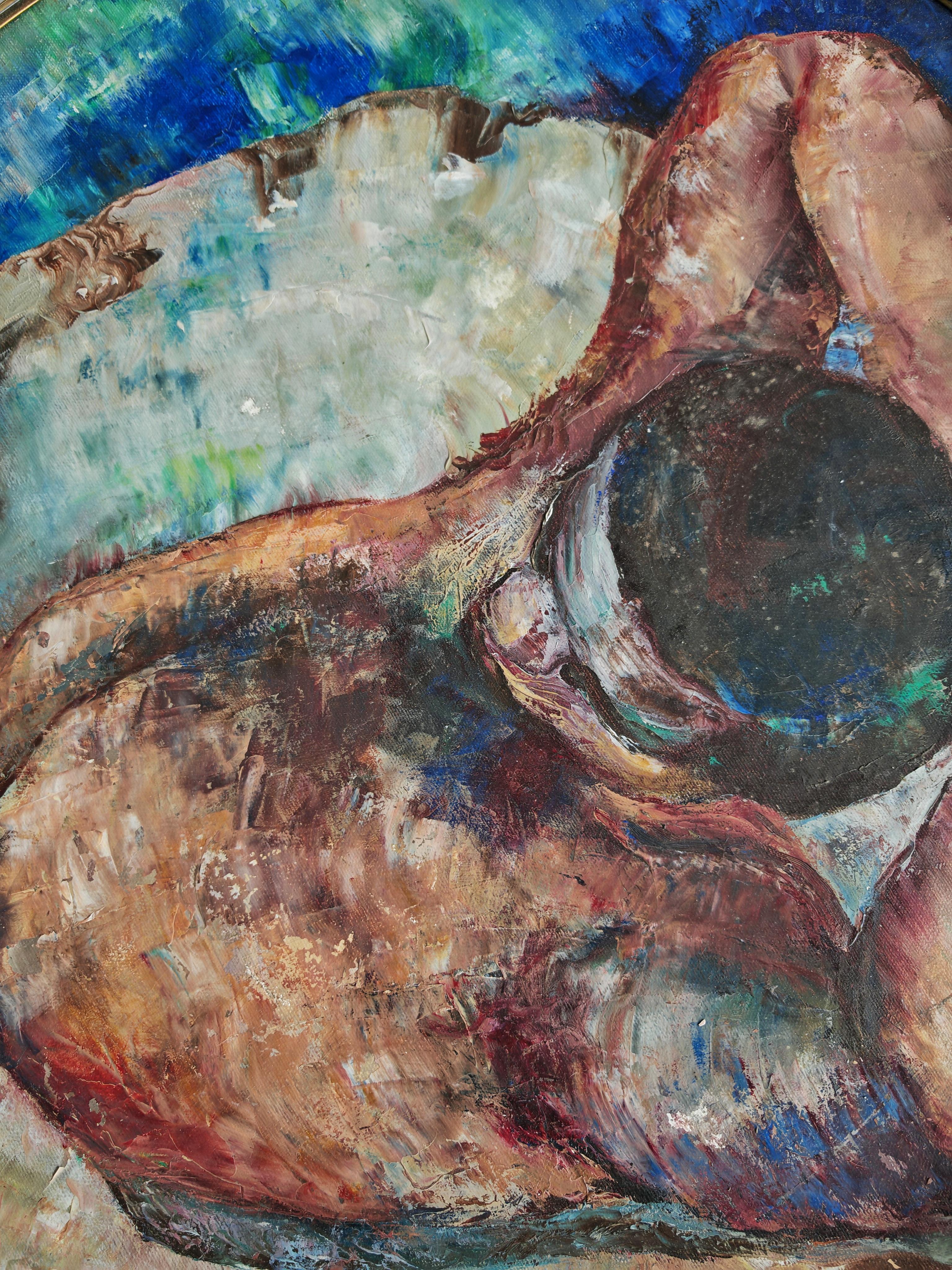 Chariot de bar rond en laiton Hollywood Regency avec une peinture à l'huile sur le dessus, Italie, années 1960 en vente 6