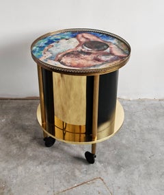 Round Hollywood Regency Brass Bar Cart with an oil painting on top, Italy 1960s