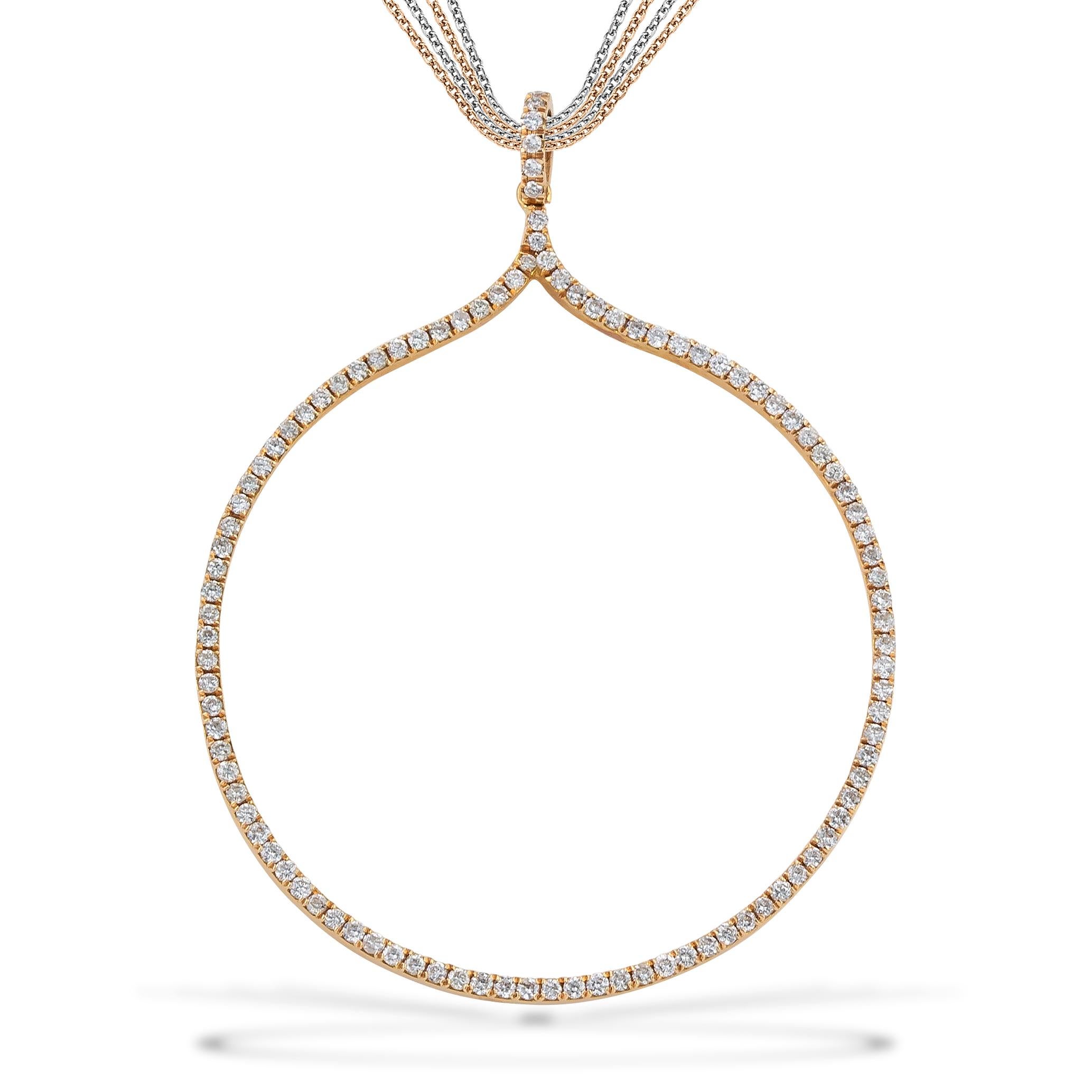 Round Hoop Diamond Pendant Necklace, in 18kt Rose Gold with Multi Chain Necklace. This Hoop Pendant - Necklace is handcrafted in 18kt Rose Gold. It comes with Multi Chain (2x rose and 2x white gold diamond cut rolo chain). This Hoop Diamond Pendant