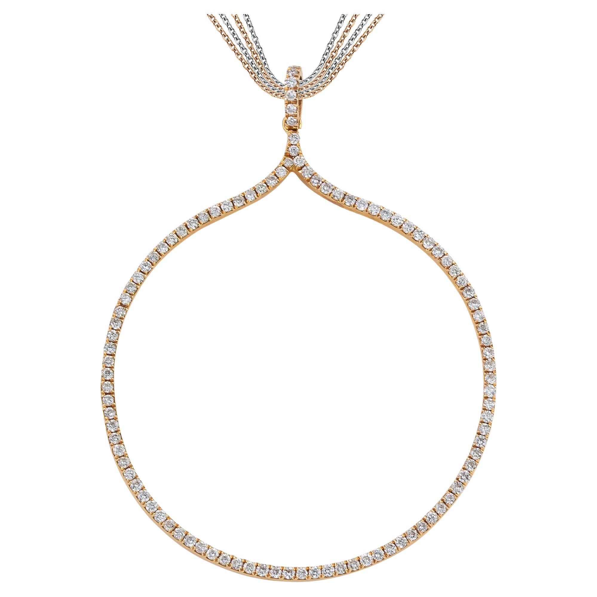 Round Hoop Diamond Pendant Necklace in 18kt Rose Gold with Multi Chain Necklace For Sale