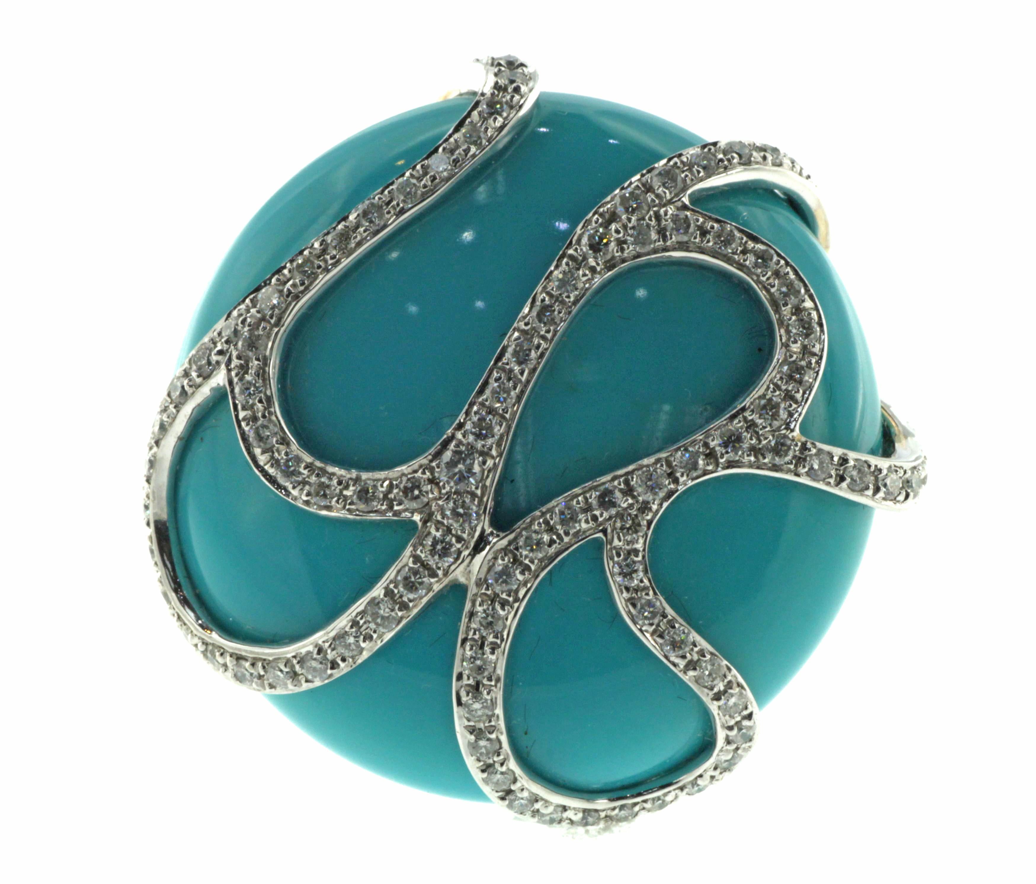 Introducing our magnificent 55.85Ct Huge Sleeping Beauty Turquoise Ring with Diamonds in 14K White Gold. This meticulously crafted ring showcases a single, awe-inspiring piece of round Sleeping Beauty mine turquoise, weighing an impressive 55.85