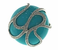 55.85Ct Huge Sleeping Beauty Turquoise Ring with Diamonds in 14K White Gold