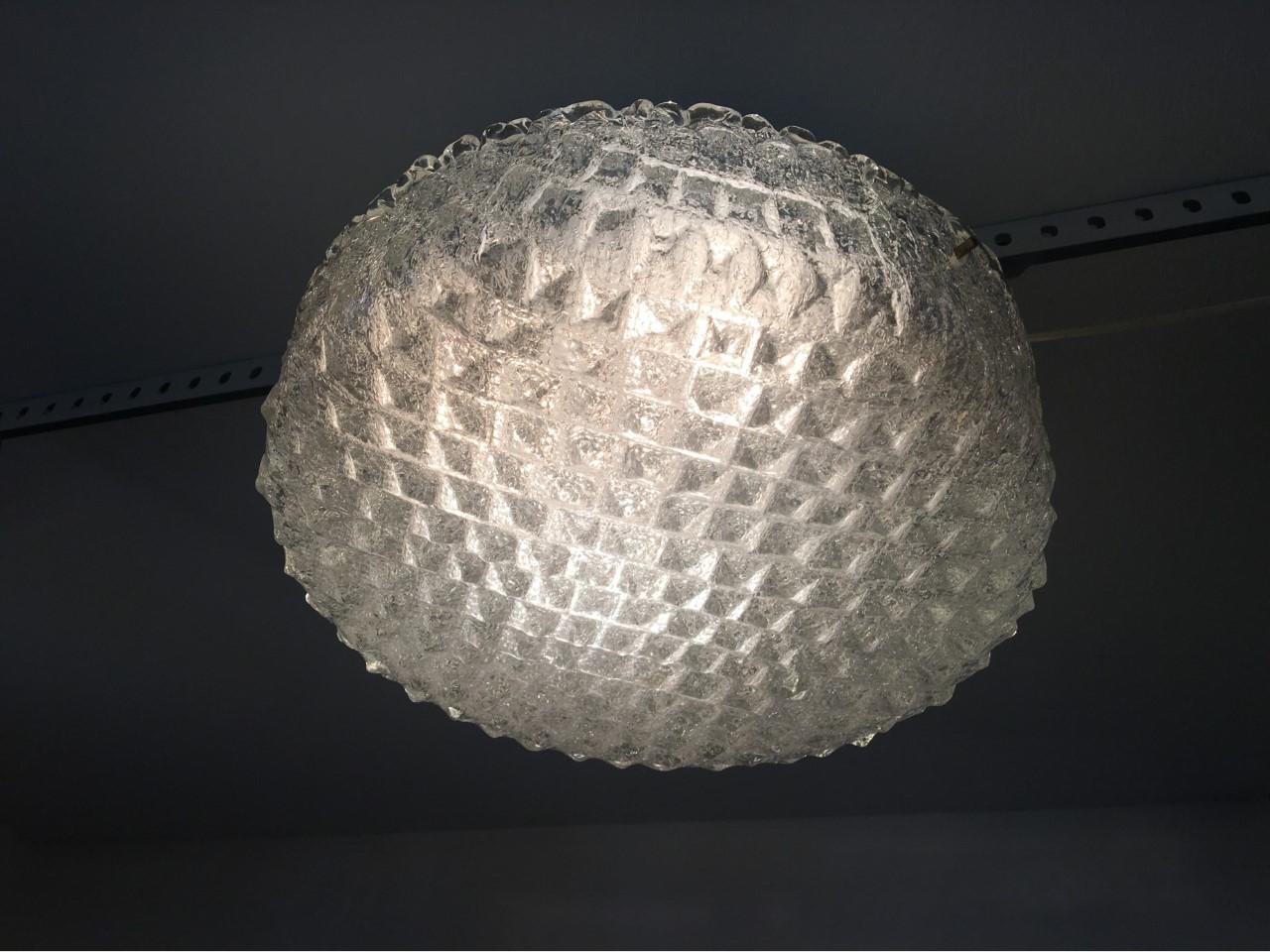 Round Ice Glass Flush Mount Chandelier Hillebrand Style In Good Condition For Sale In Frisco, TX