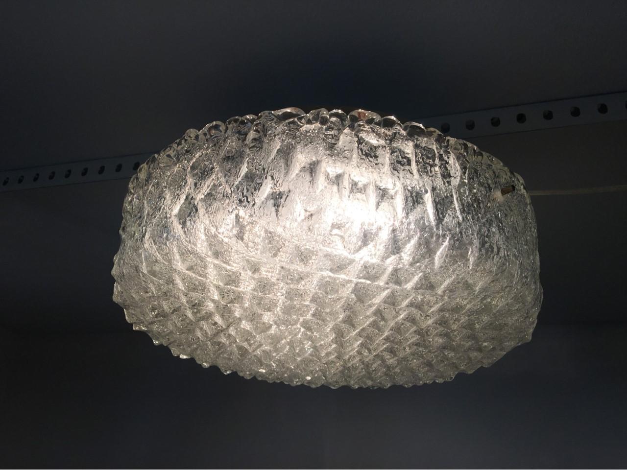 Late 20th Century Round Ice Glass Flush Mount Chandelier Hillebrand Style For Sale