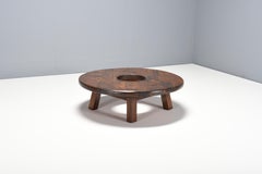 Round Impressive French Artisan Coffee Table in Solid Oak, 1960s