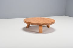 Round Impressive French Artisan Coffee Table in Solid Oak, 1960s