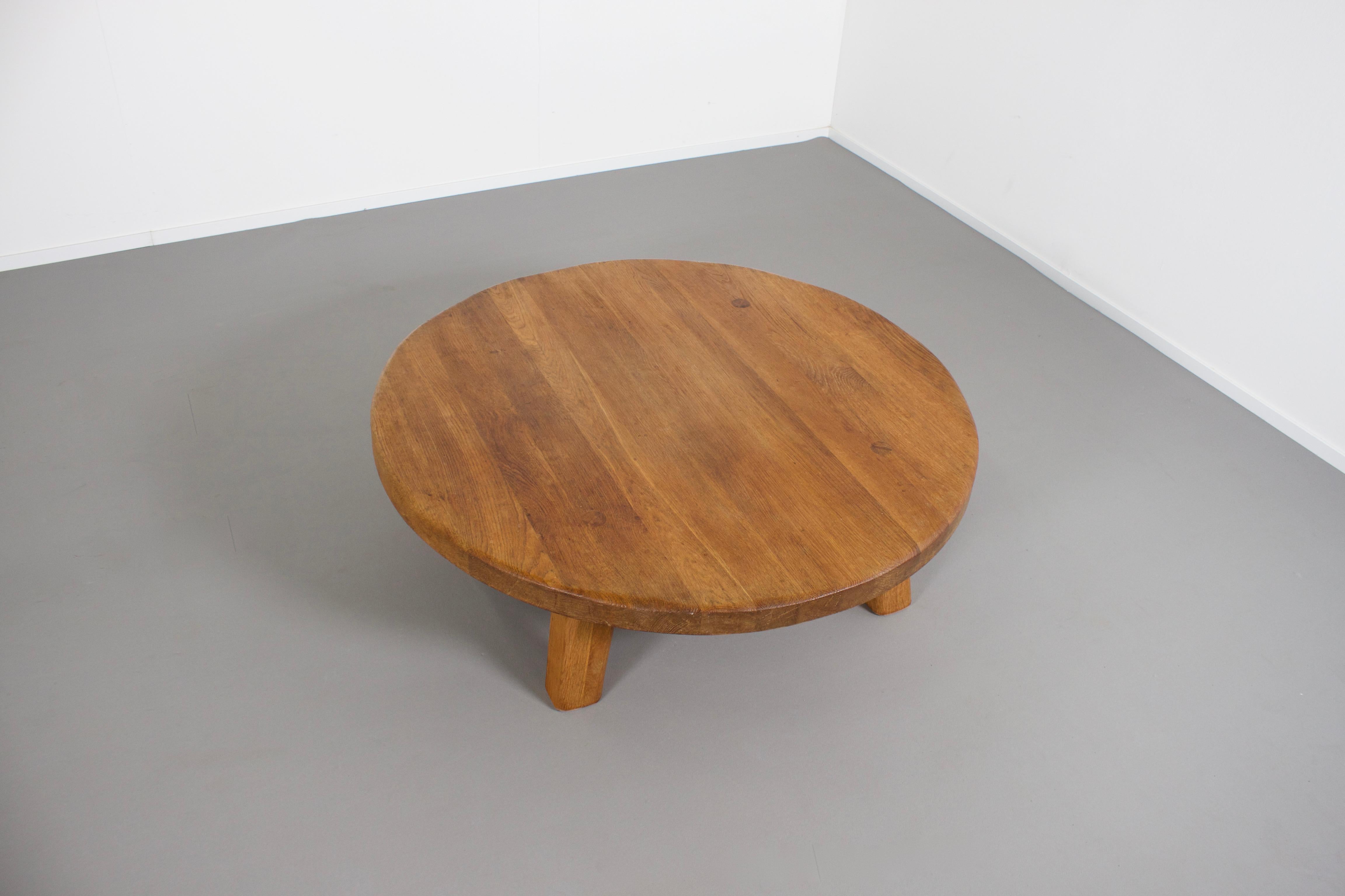 French Provincial Round Impressive French Artisan Coffee Table in Solid Oak, 1960s