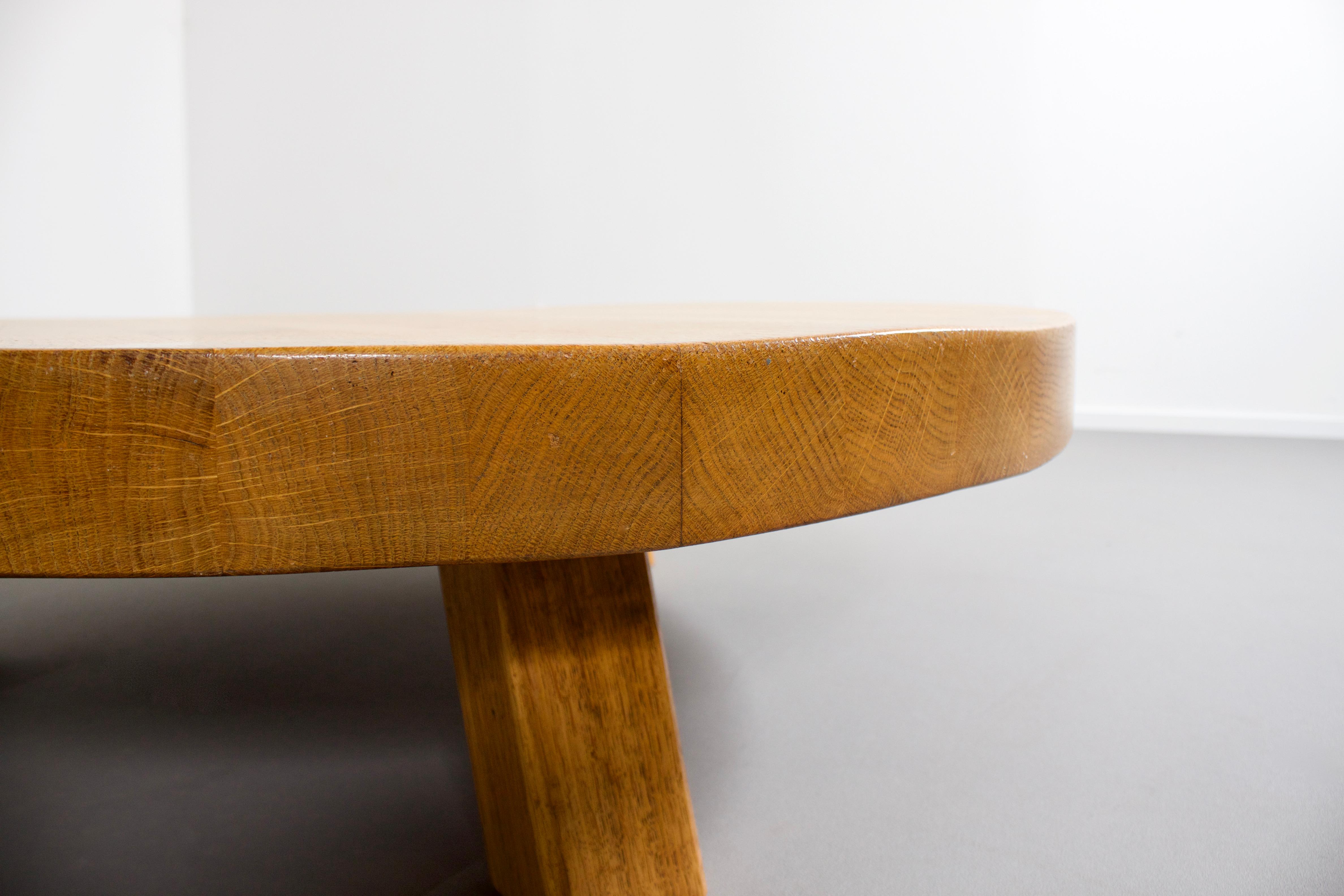 20th Century Round Impressive French Artisan Coffee Table in Solid Oak, 1960s