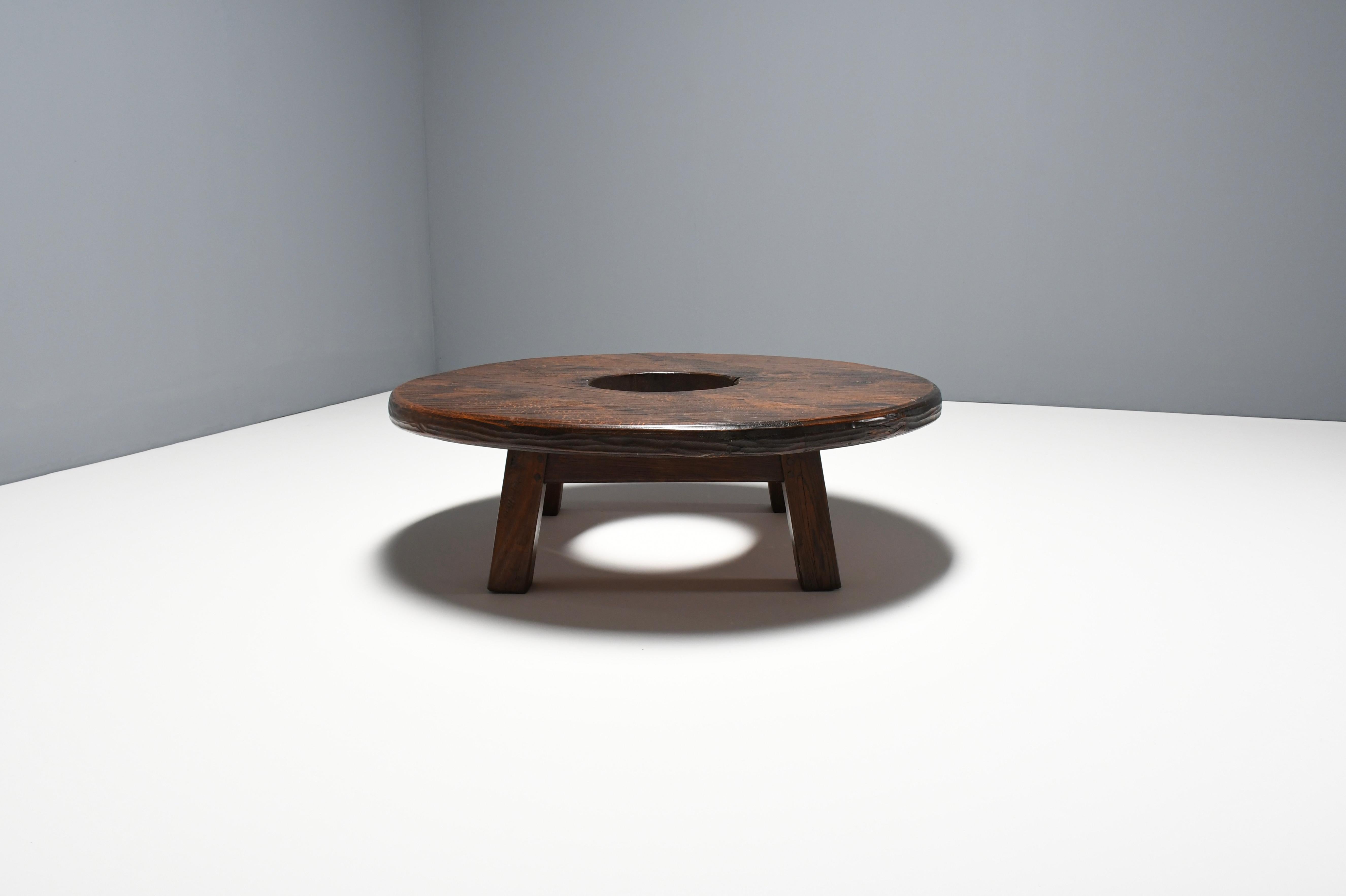 20th Century Round Impressive French Artisan Coffee Table in Solid Oak, 1960s