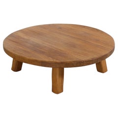 Round Impressive French Artisan Coffee Table in Solid Oak, 1960s