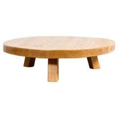 Round Impressive French Artisan Coffee Table in Solid Oak, 1960s