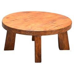 Round Impressive French Artisan Coffee Table in Solid Oak, 1960s