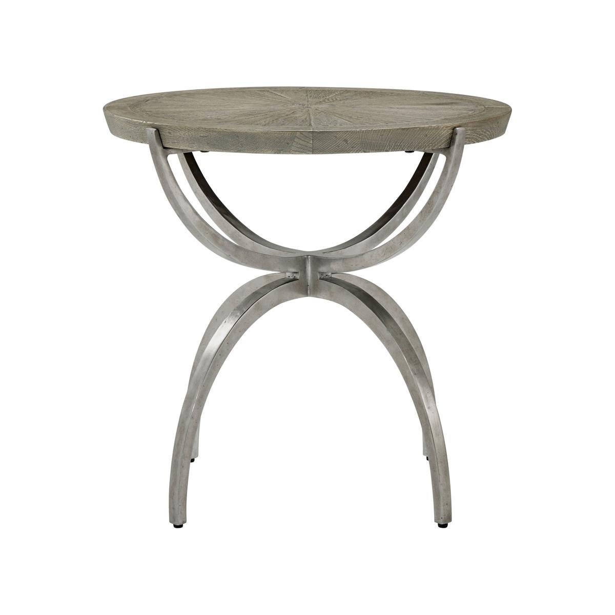 Vietnamese Round Industrial Greyed Oak Side Table For Sale