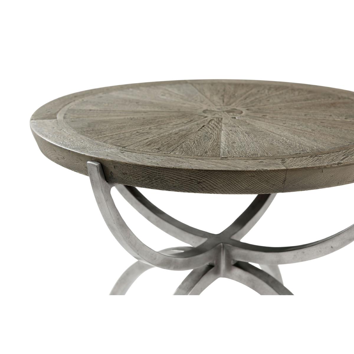 Contemporary Round Industrial Greyed Oak Side Table For Sale