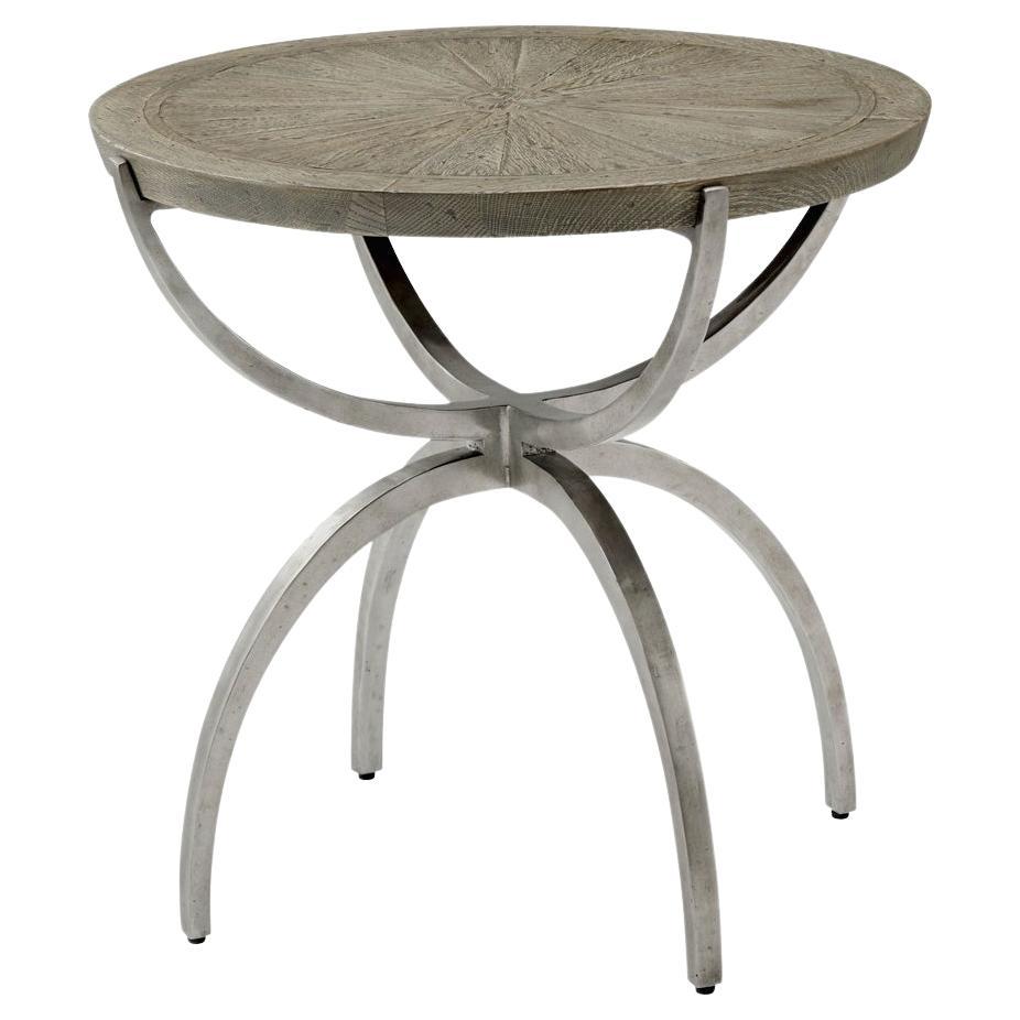 Round Industrial Greyed Oak Side Table For Sale