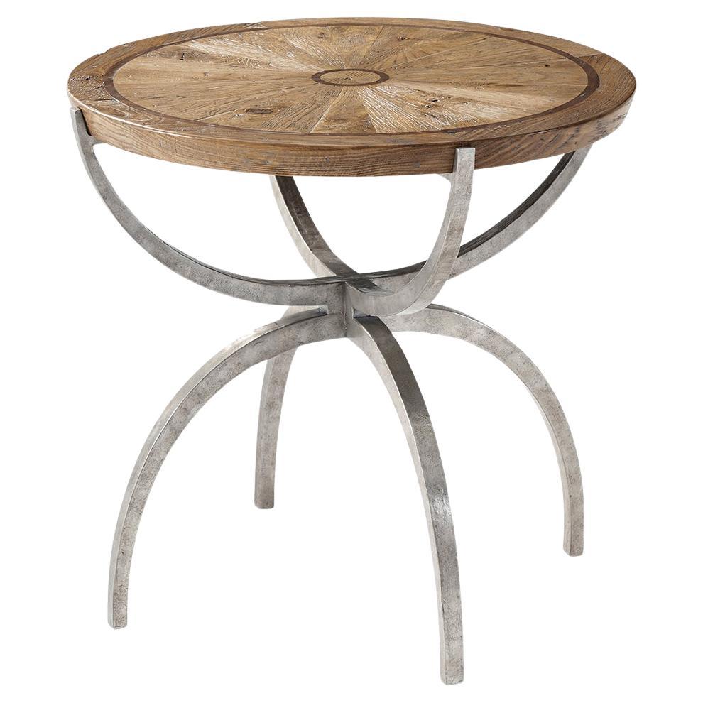 Round Industrial Oak Side Table For Sale