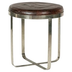 Round industrial-style stool, made of metal and leather. 1970s