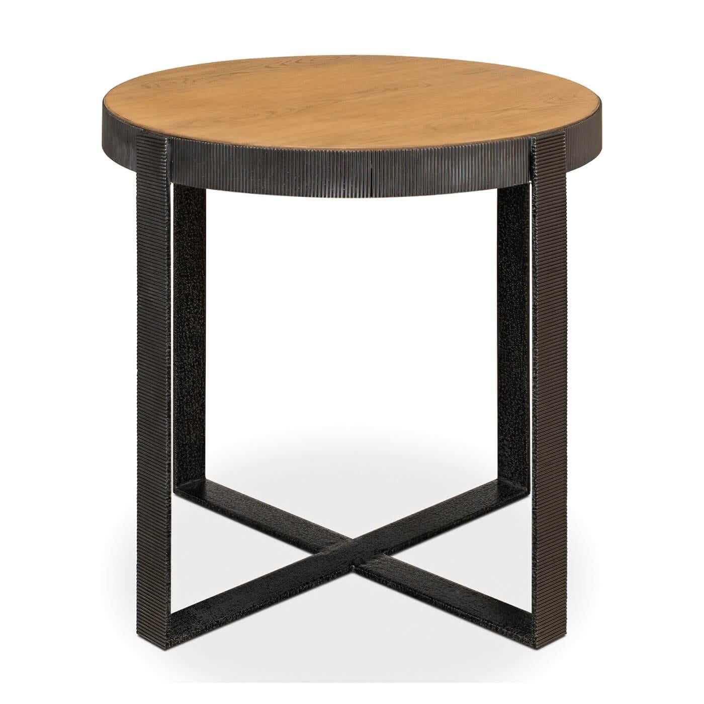 Asian Round Industrial Walnut and Iron Side Table For Sale