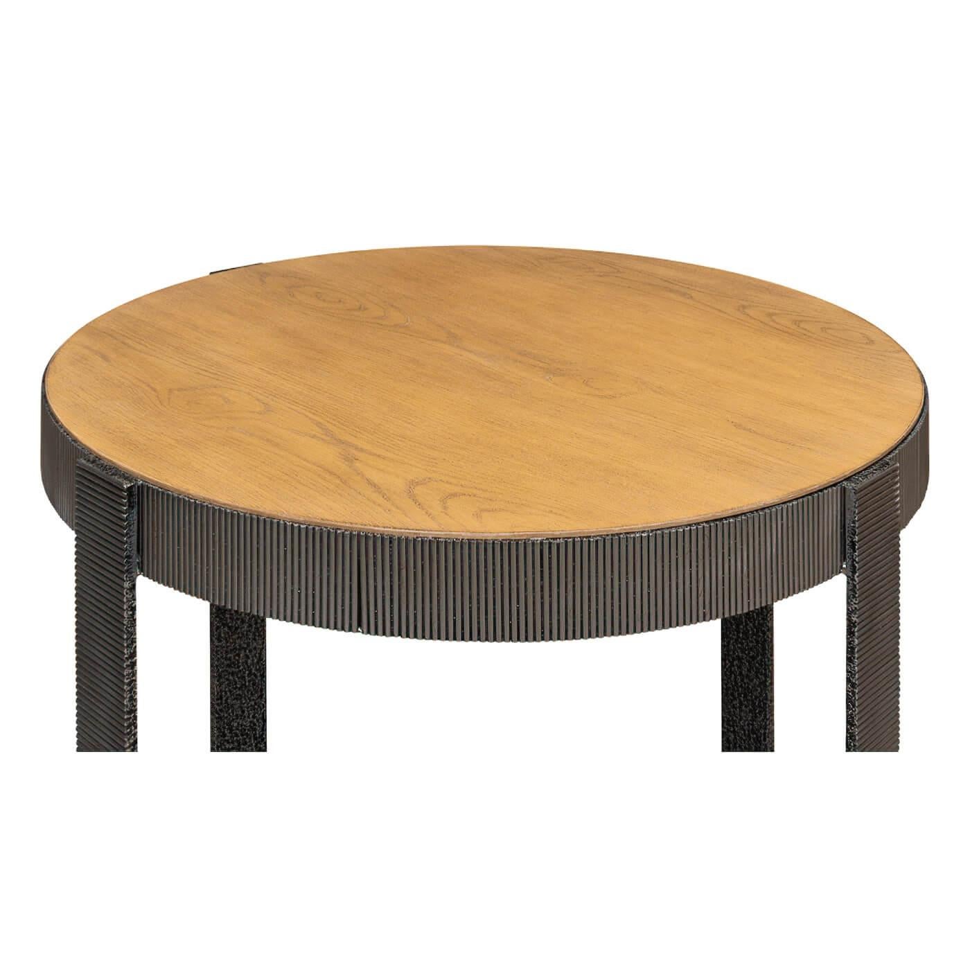 Contemporary Round Industrial Walnut and Iron Side Table For Sale